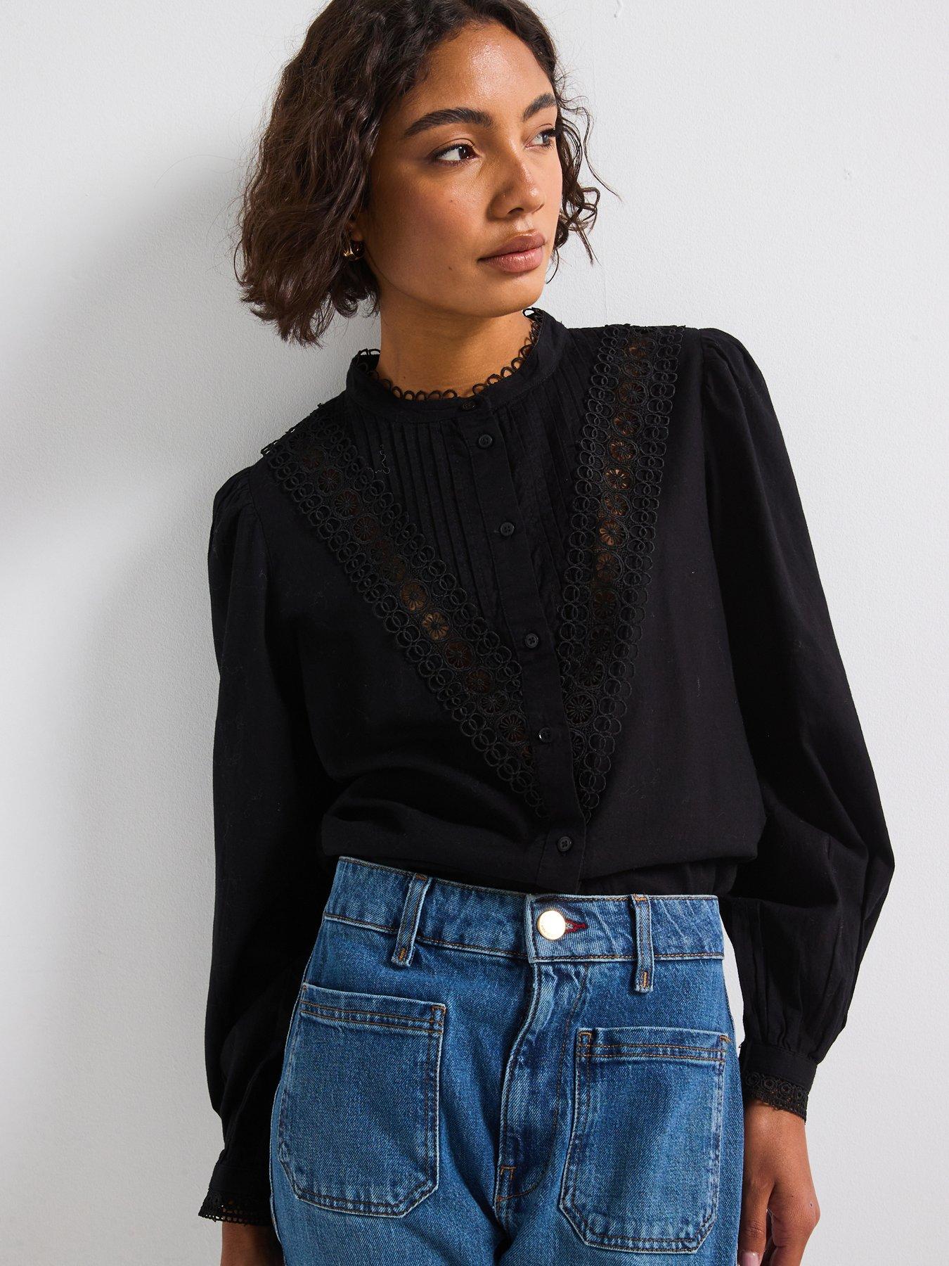 undefined Long Sleeve Pin Tuck Lace Shirt - Black