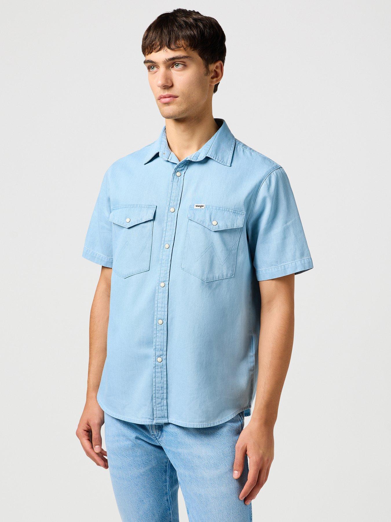 undefined Short Sleeve Denim Western Shirt - Light Blue