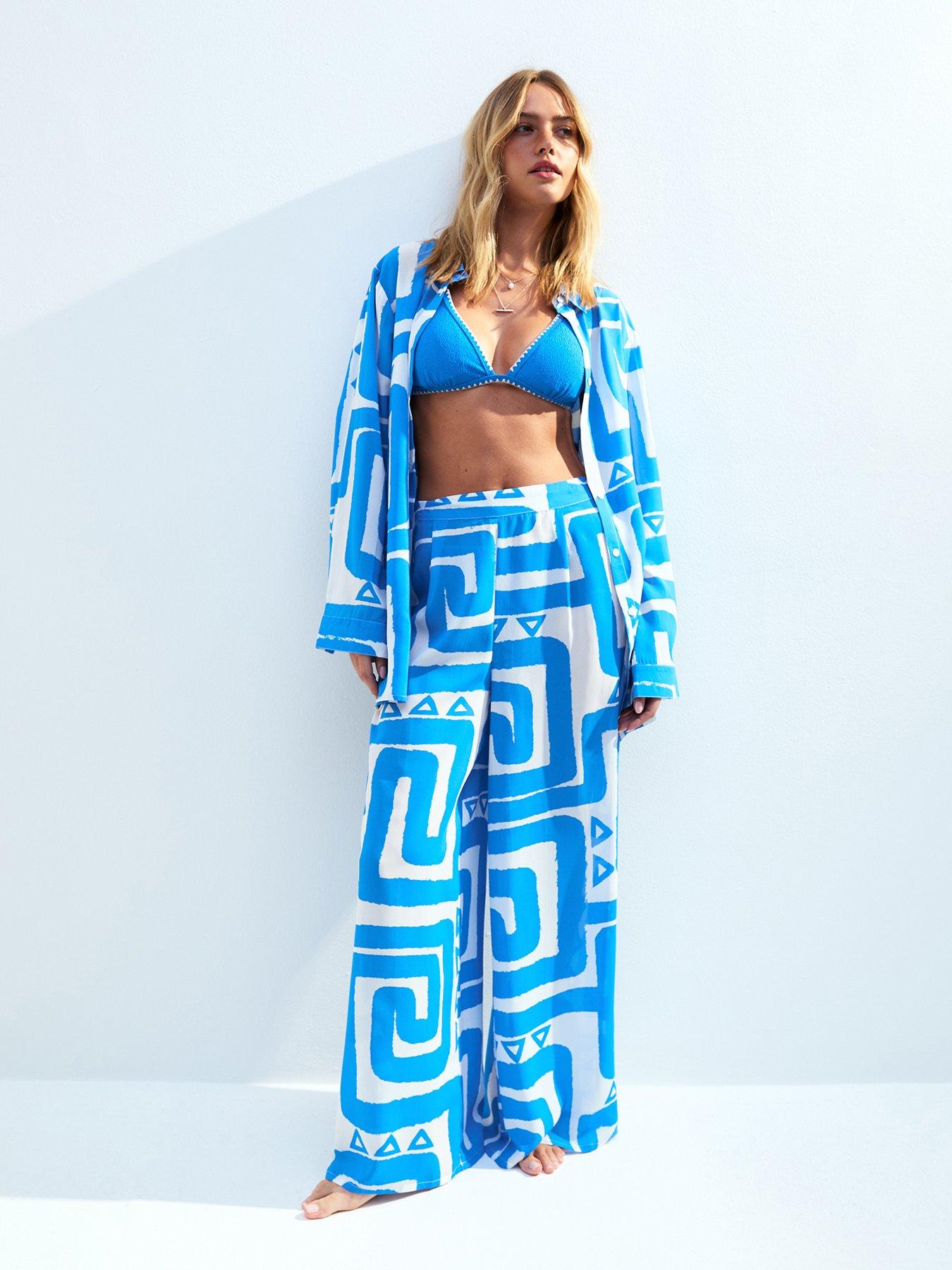 undefined Swirl Patterned Wide Leg Beach Trousers - Blue