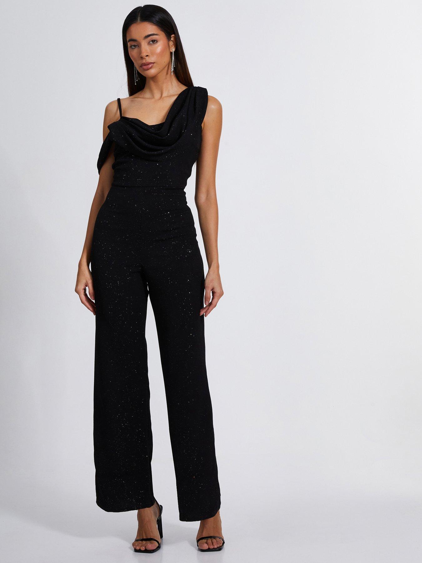 Wide Leg Quiz Sequin Jumpsuit Quiz Black Glitter Cowl Neck