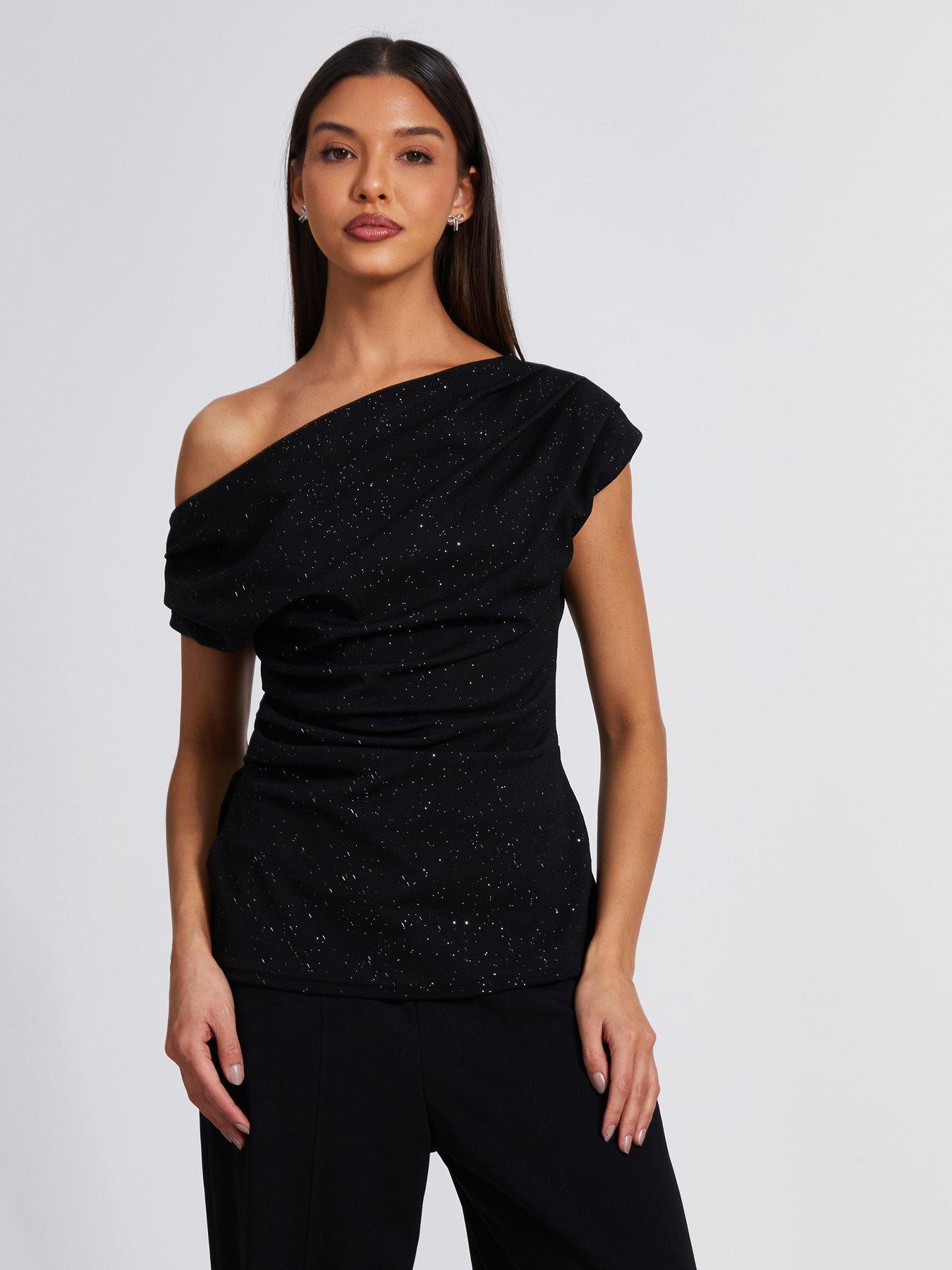 Image 1 of 6 of Quiz Black Glitter Drape Neck Top