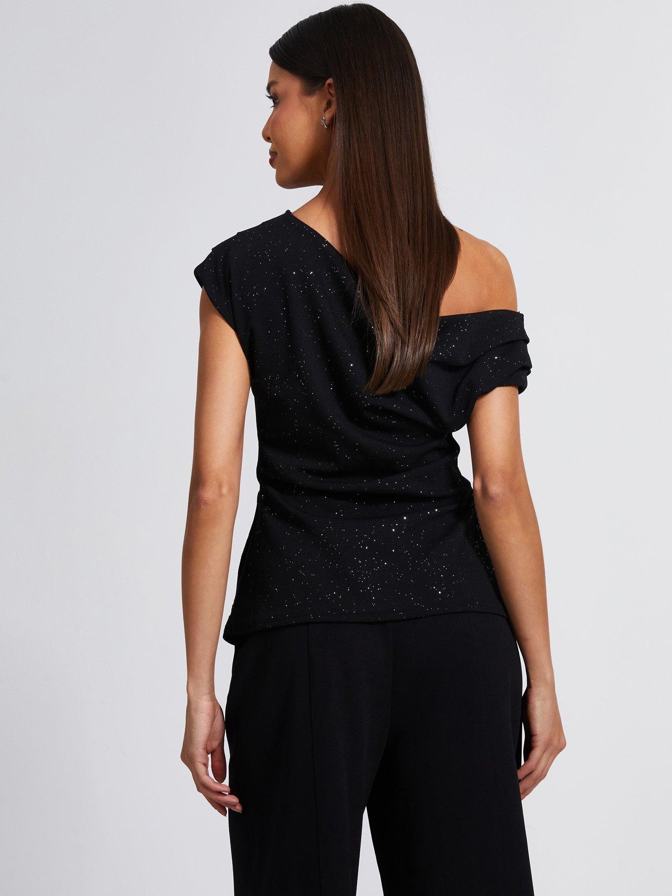 Image 2 of 6 of Quiz Black Glitter Drape Neck Top