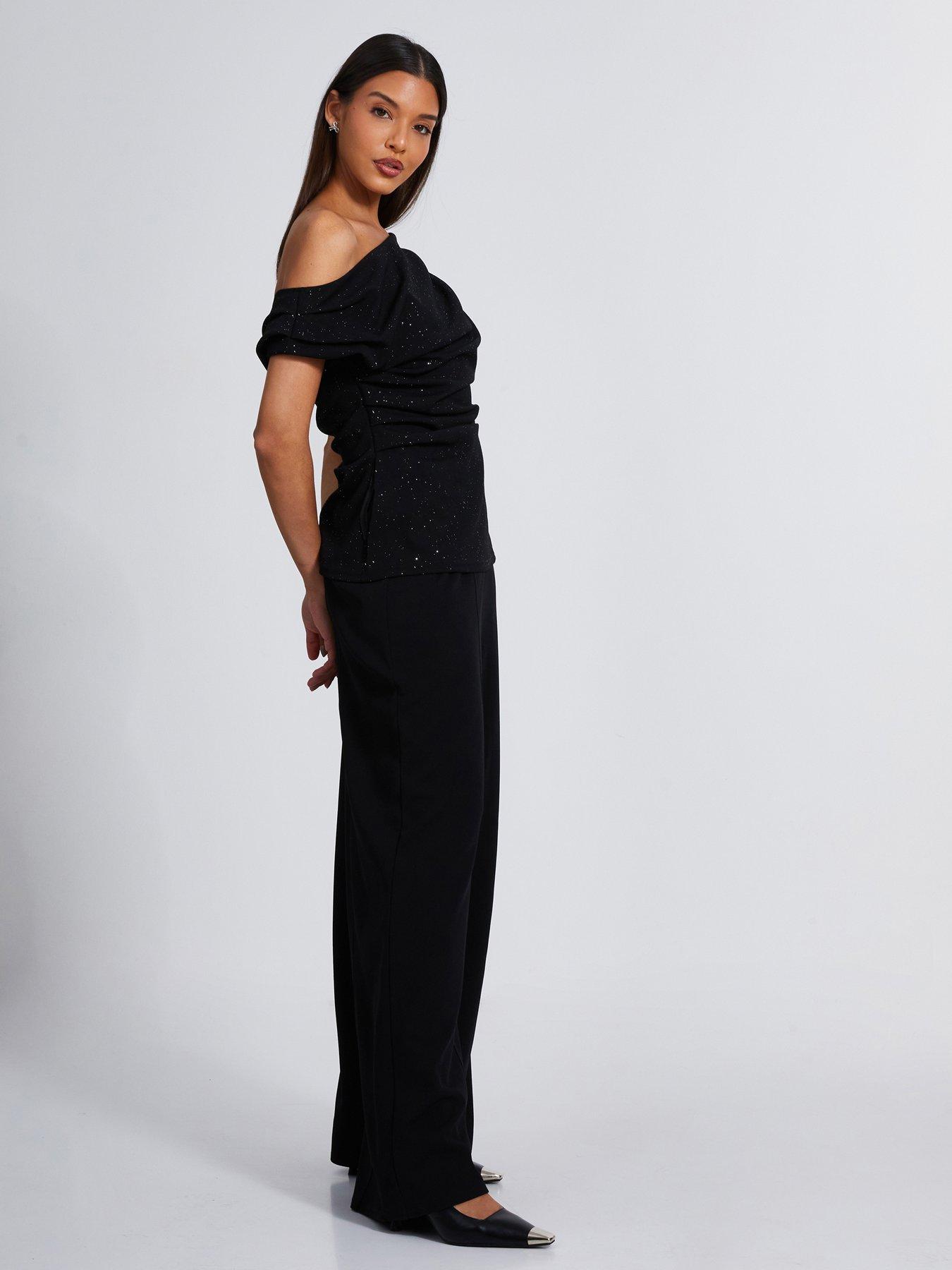 Image 3 of 6 of Quiz Black Glitter Drape Neck Top
