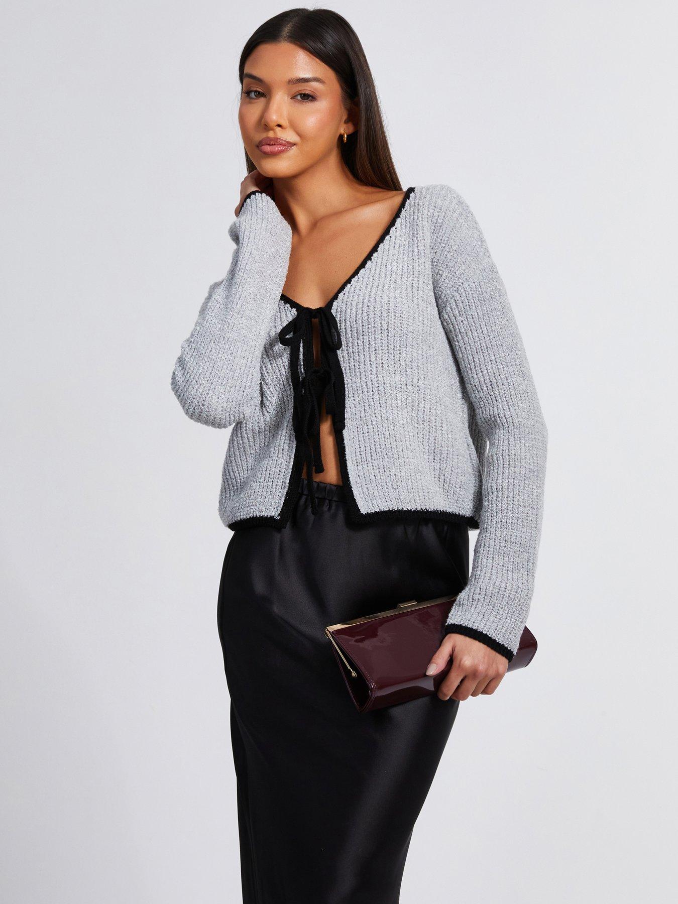 Image 1 of 6 of Quiz Grey Knit Tie Front Cardigan