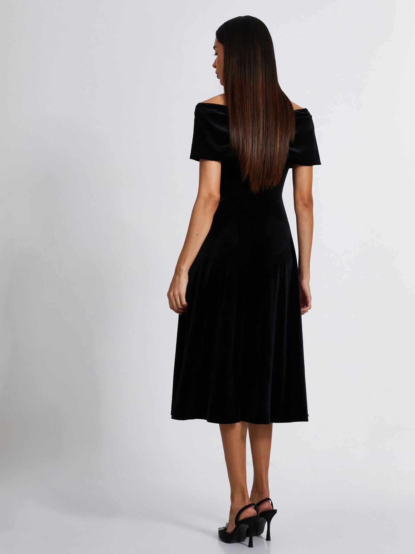 black velvet bardot midi dress Long Sleeve Bardot Floral Detail Maxi Velvet Dress Black