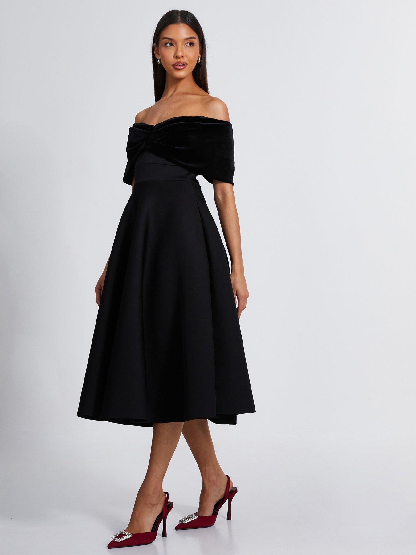 knee length dresses for ladies Black Velvet Off The Shoulder Bardot Dress  AX Paris