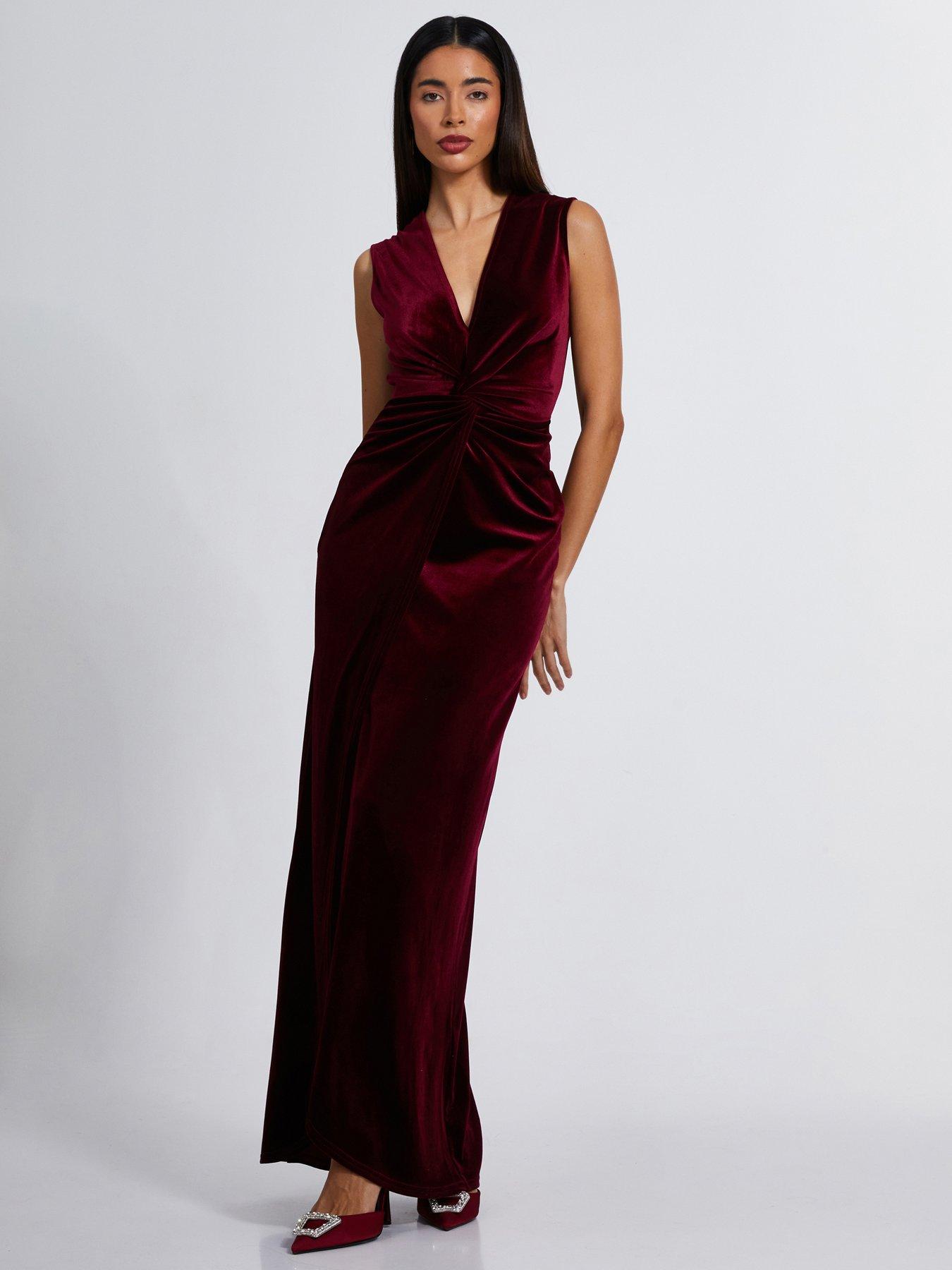 Women Maroon Velvet Front Twisted Maxi Dress