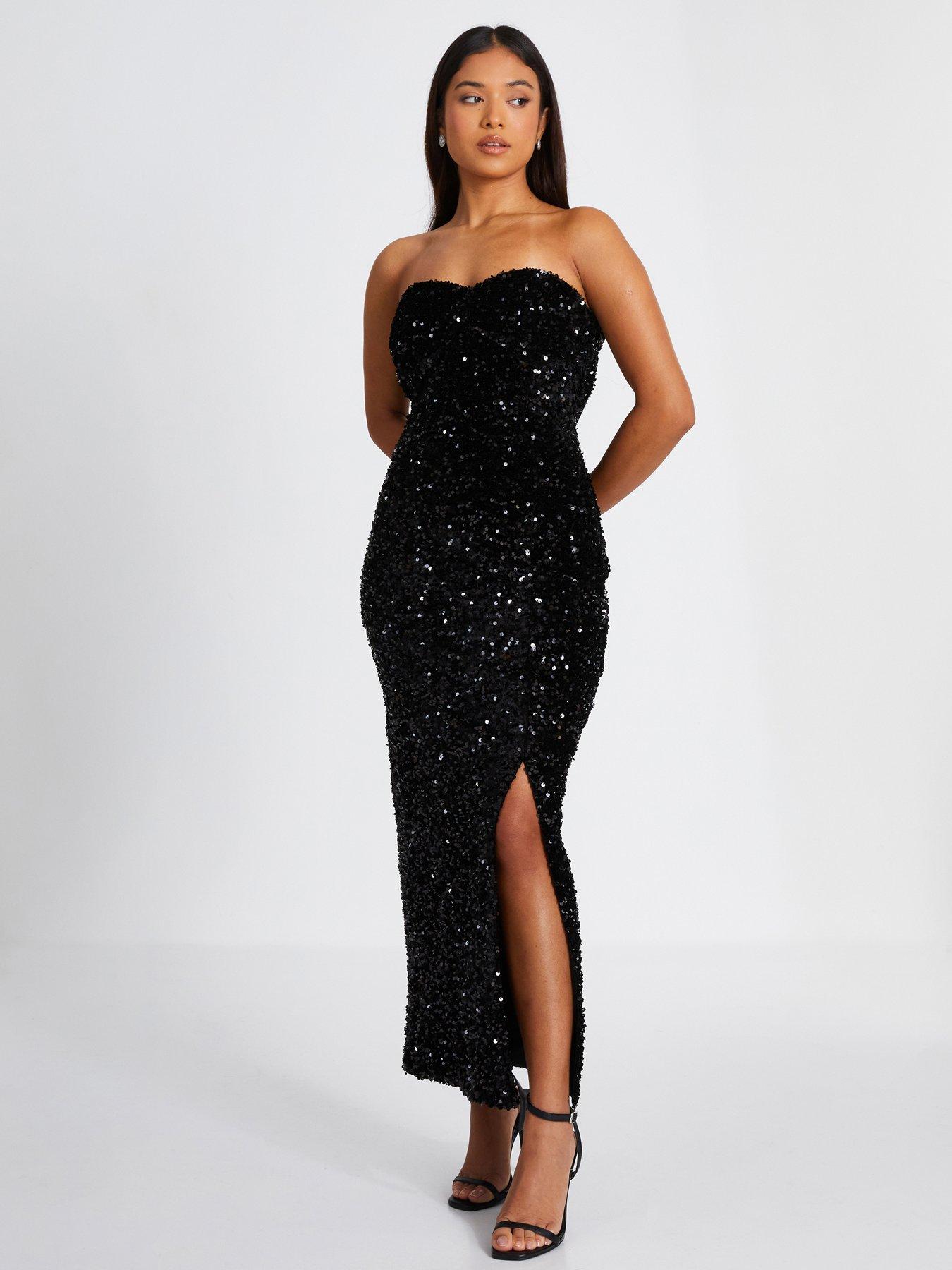 Quiz Petite Black Sequin Strapless Midaxi Dress Very