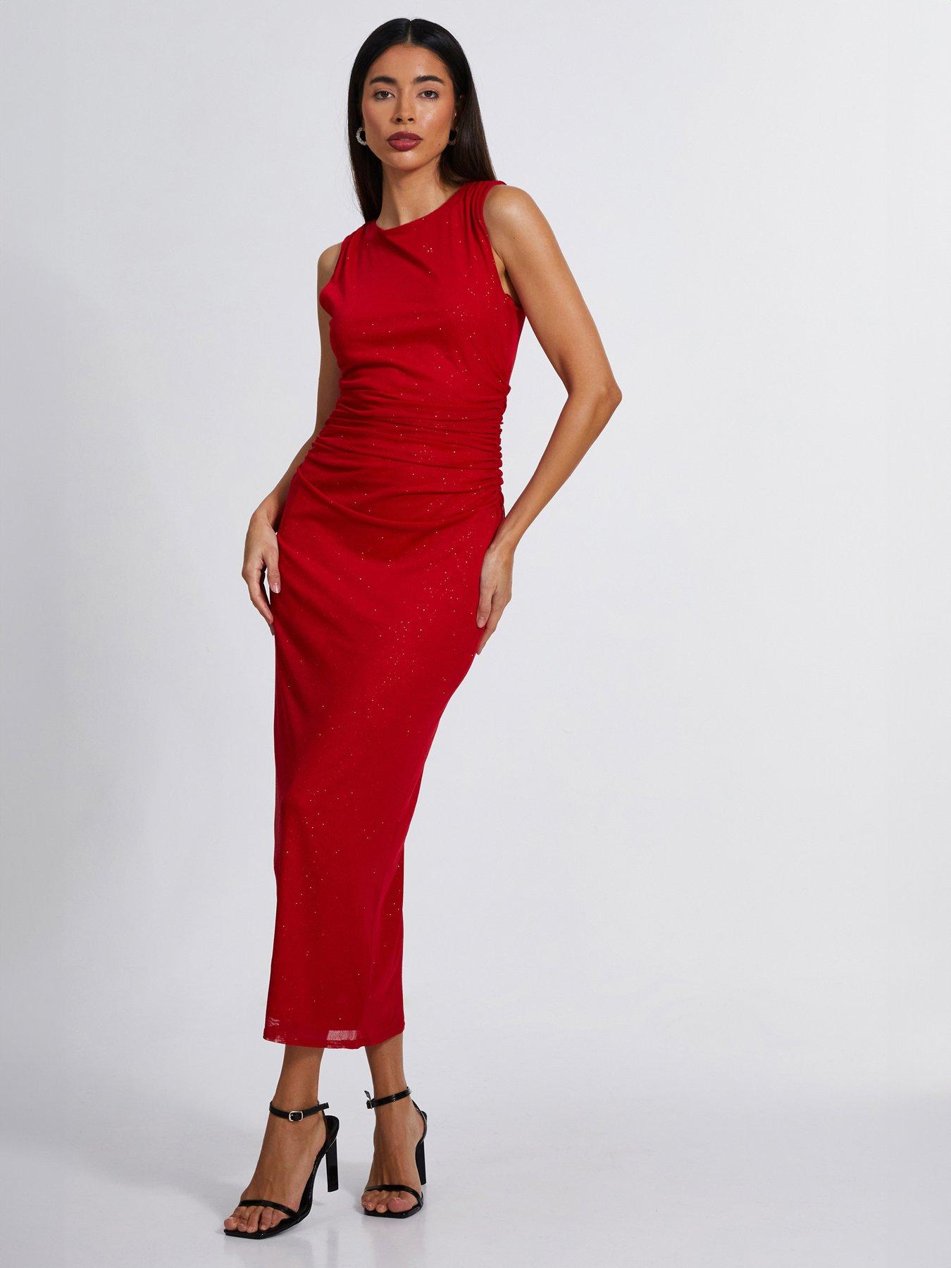 Quiz Red Glitter Mesh Midaxi Dress | Very