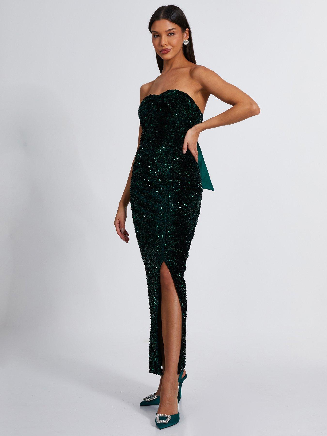 Image 3 of 6 of Quiz Bottle Green Sequin Midaxi Dress