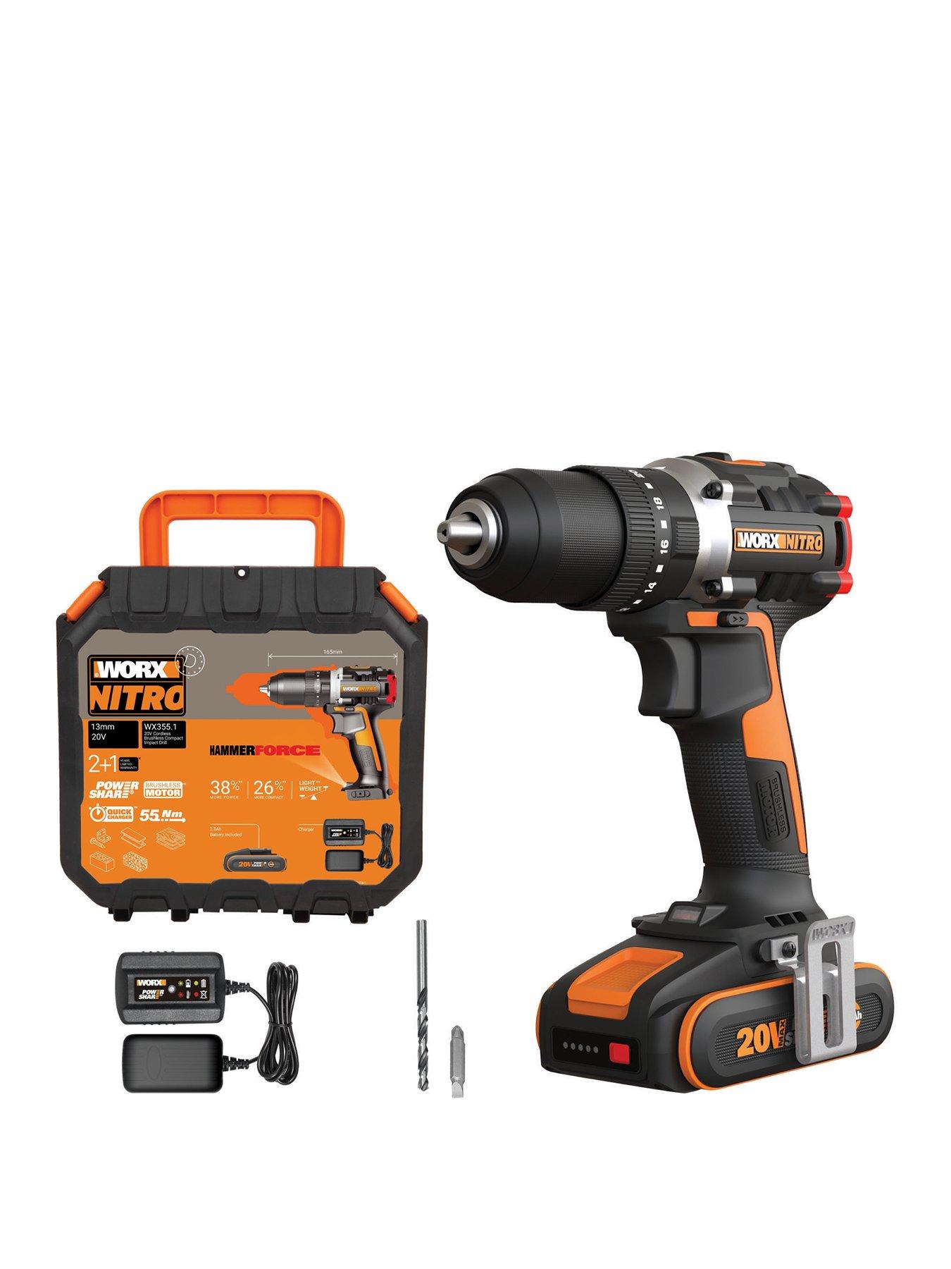 Image 1 of 7 of Worx 20V 55Nm Cordless Brushless Nitro Hammer Impact Drill with 2.0Ah Battery, Charger &amp; Case