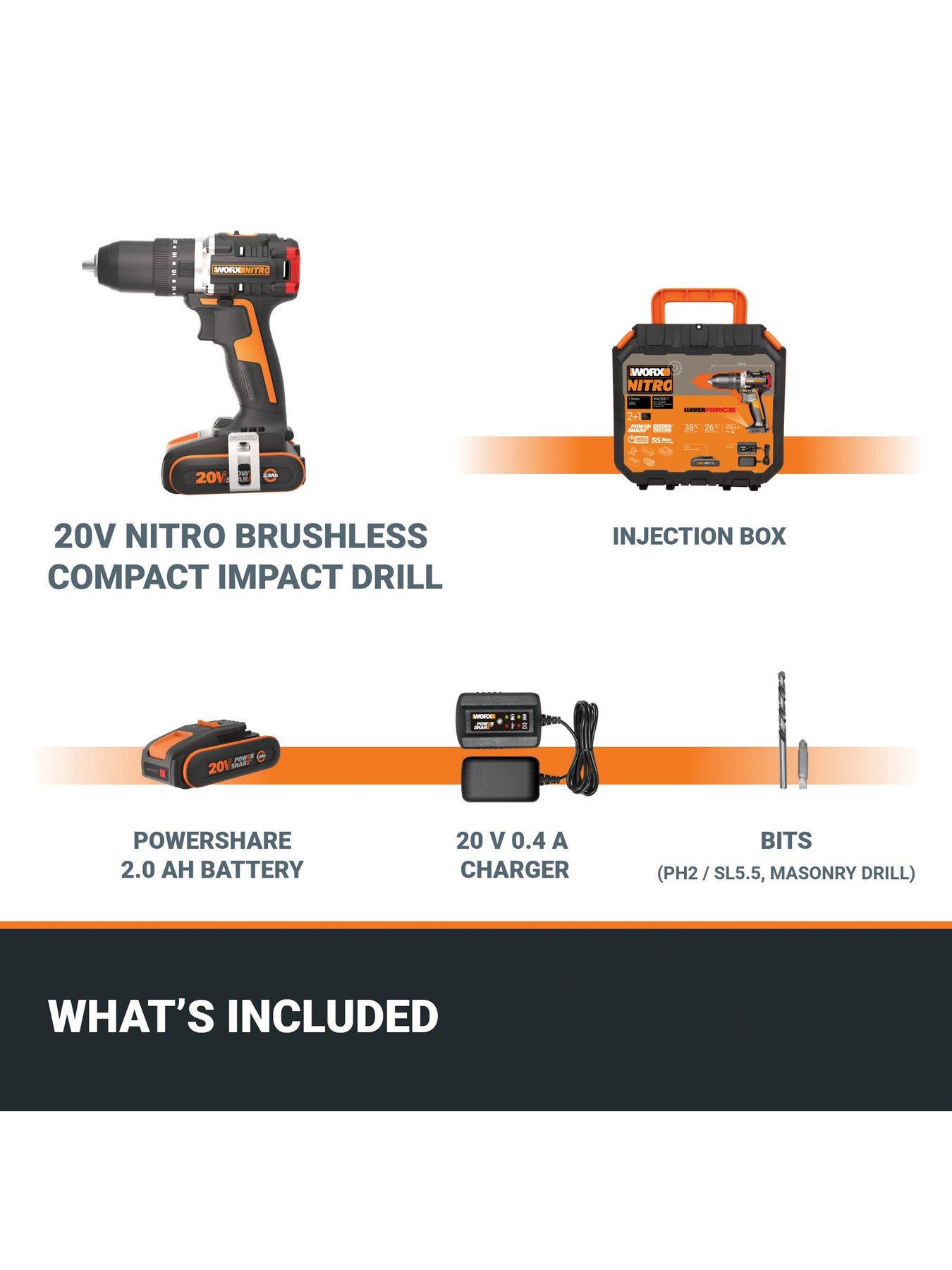 Image 6 of 7 of Worx 20V 55Nm Cordless Brushless Nitro Hammer Impact Drill with 2.0Ah Battery, Charger &amp; Case