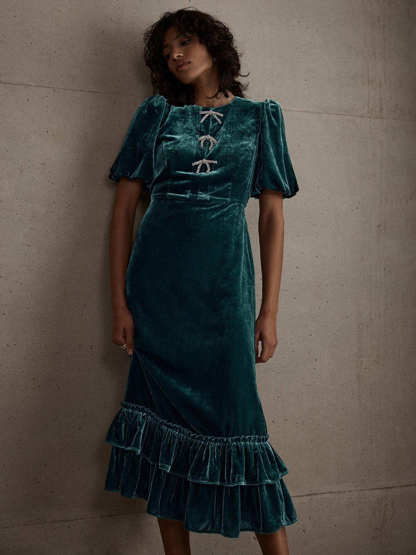 Mint Velvet Crystal Bow Detail Velvet Midi Dress Green Very