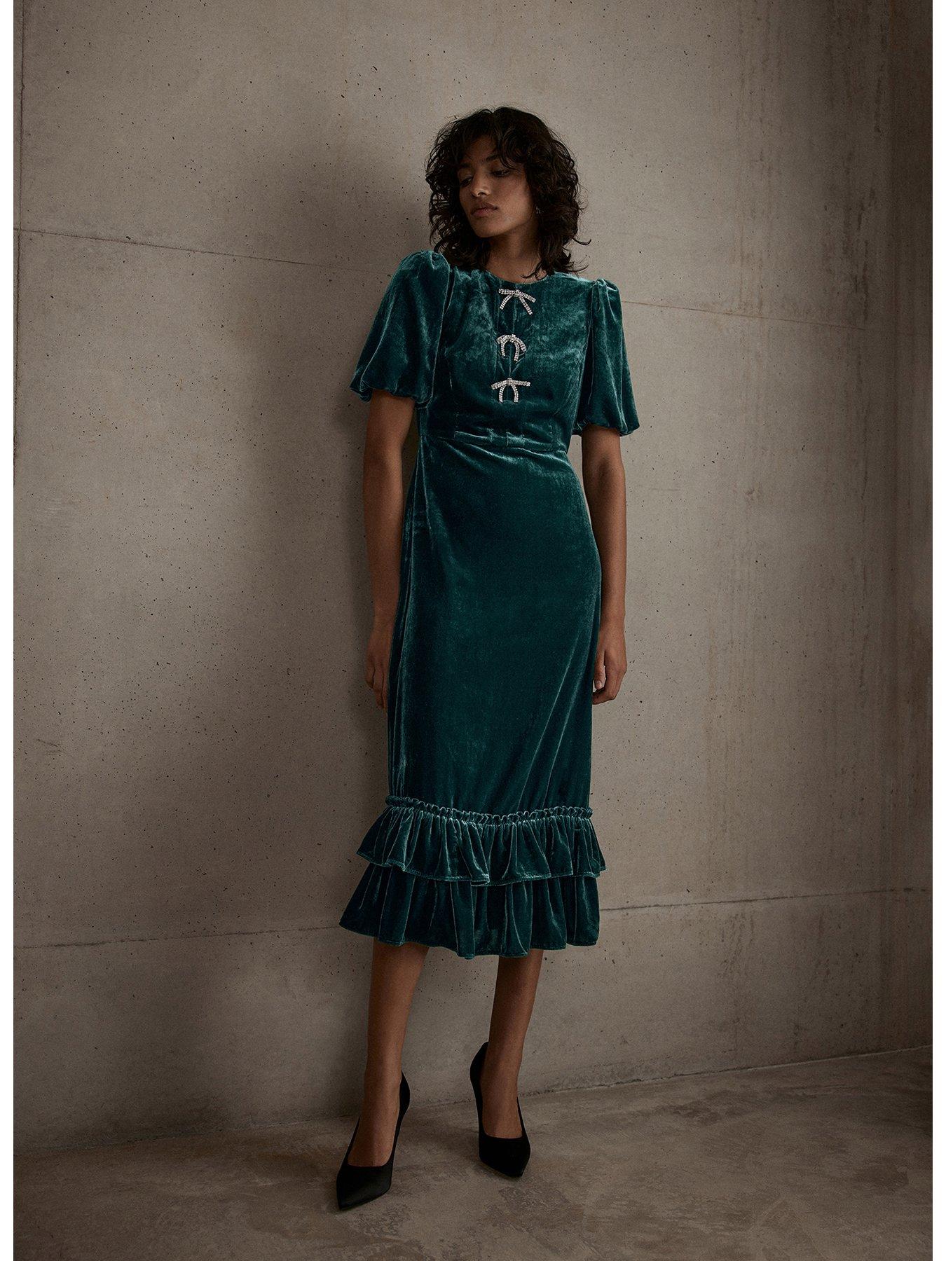 Mint Velvet Crystal Bow Detail Velvet Midi Dress - Green | Very