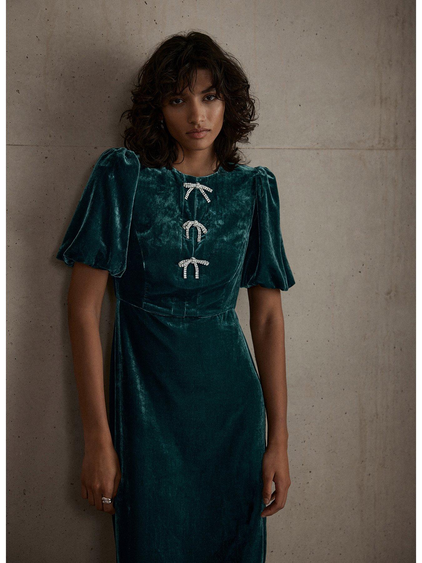 green velvet dress with bows ZAPAKA Women Dark Green Prom Dress A-Line Long Wrap Long Sleeves Velvet Evening Dress, Dark Green / S main image 0