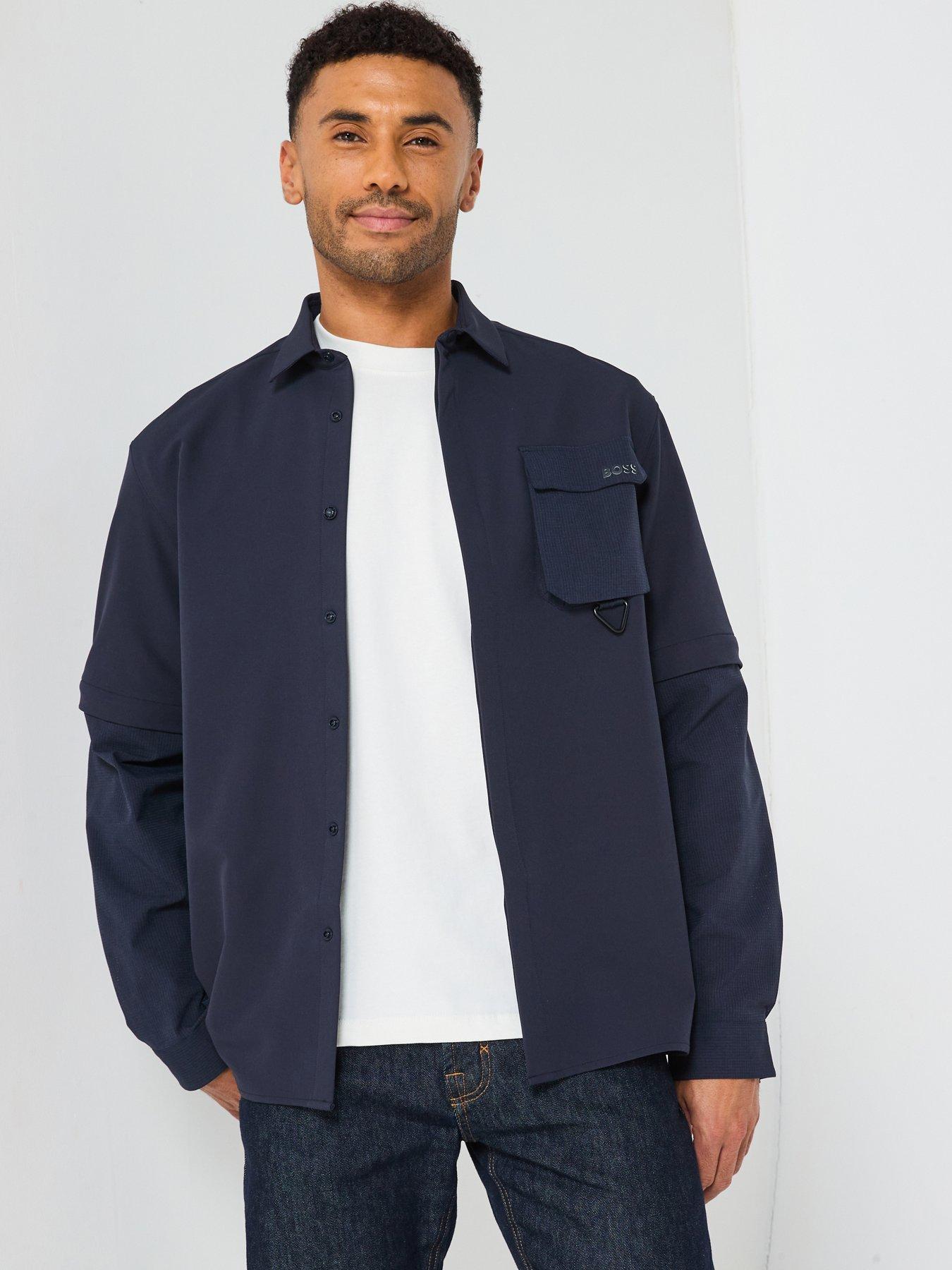 Image 1 of 6 of BOSS Zip Sleeves Regular Fit Overshirt - Dark Blue