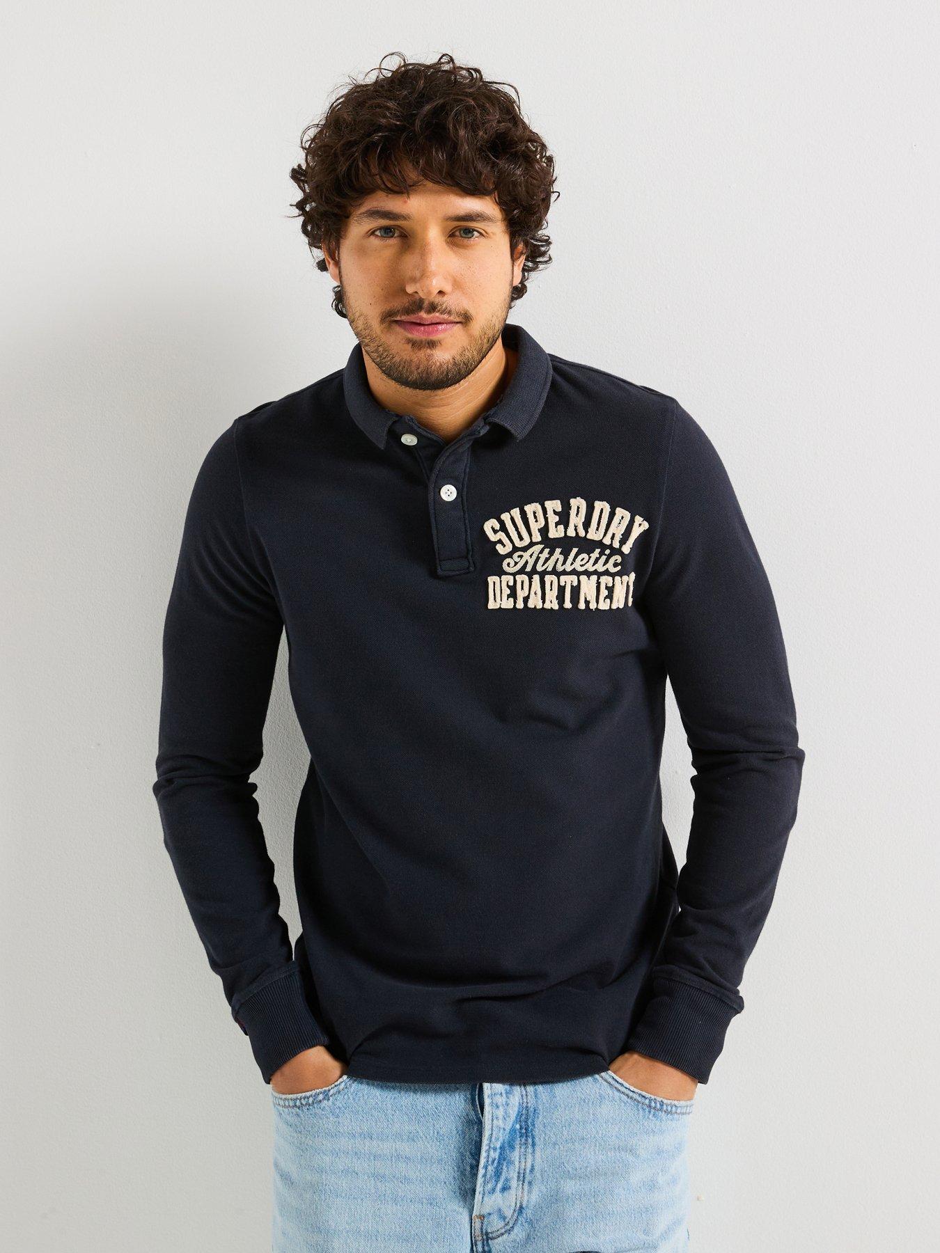 Superdry Long Sleeve Vintage Athletic Logo Polo Shirt- Navy, Navy, Size M, Men