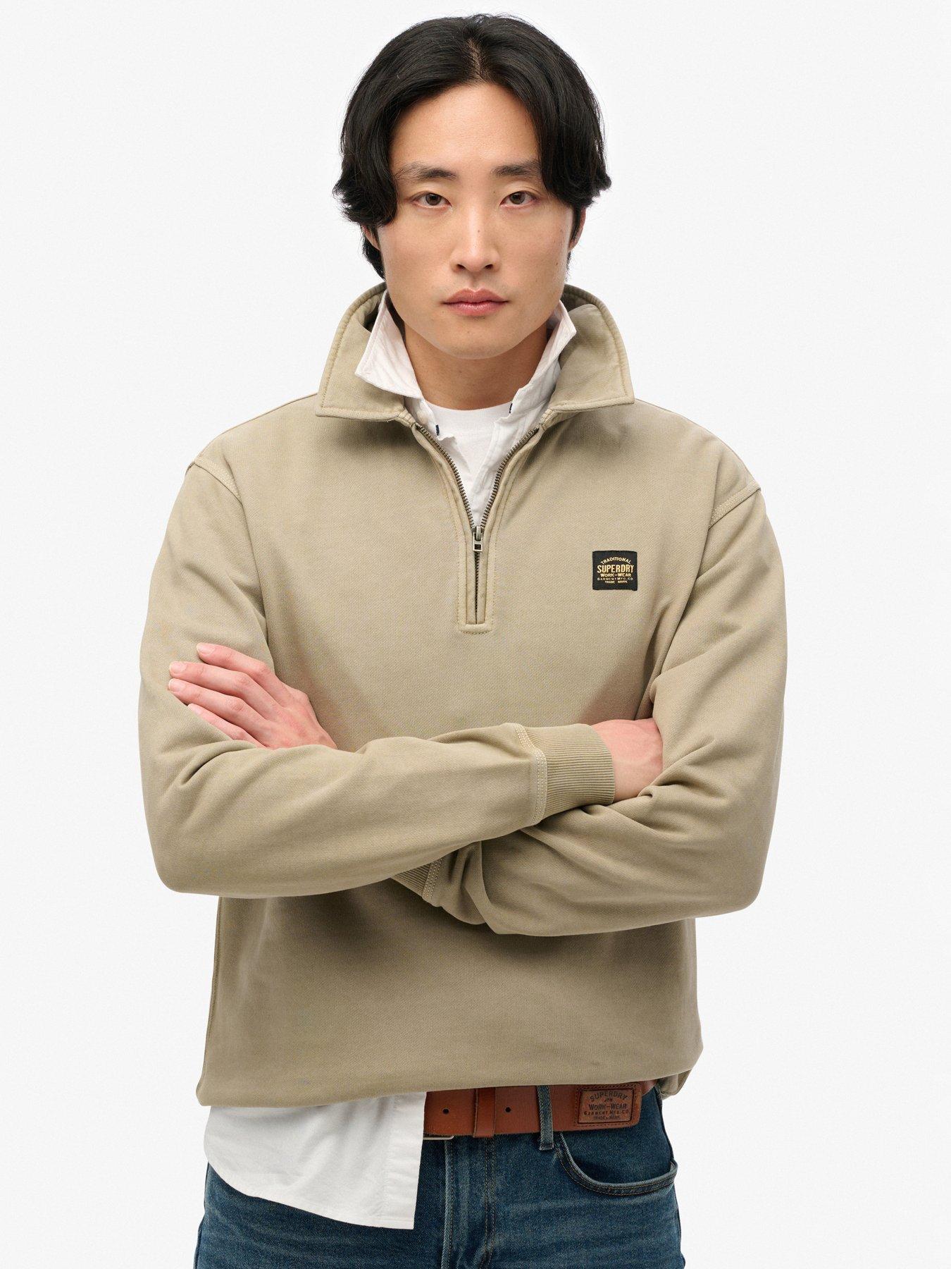 undefined Contrast Stitch Half Zip Sweat Top - Light Khaki