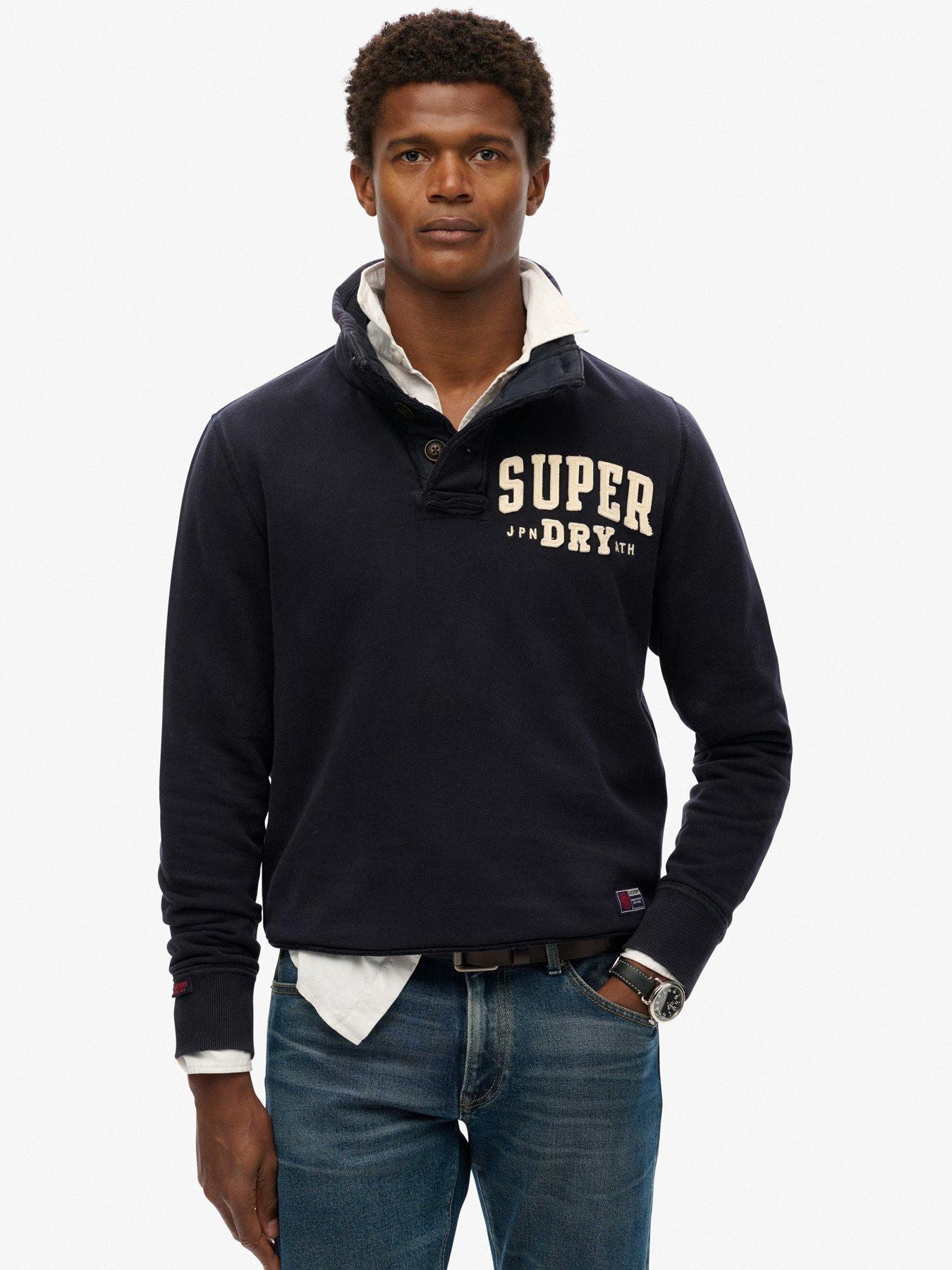 Superdry Vintage Athletic Logo Henley Crew Sweat Top- Navy, Navy, Size 2Xl, Men