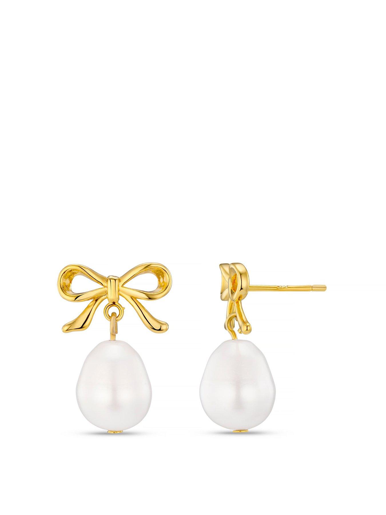 Product photograph of Orelia Metal Bow Pearl Drop Earrings from very.co.uk