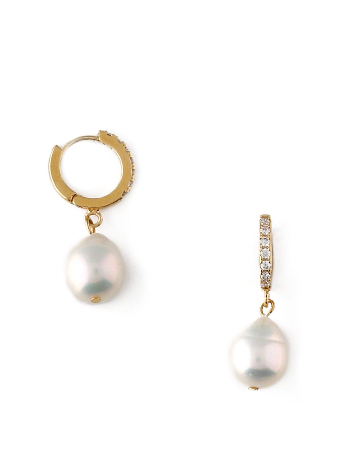 Orelia Pearl Drop Pave Hoop Earrings