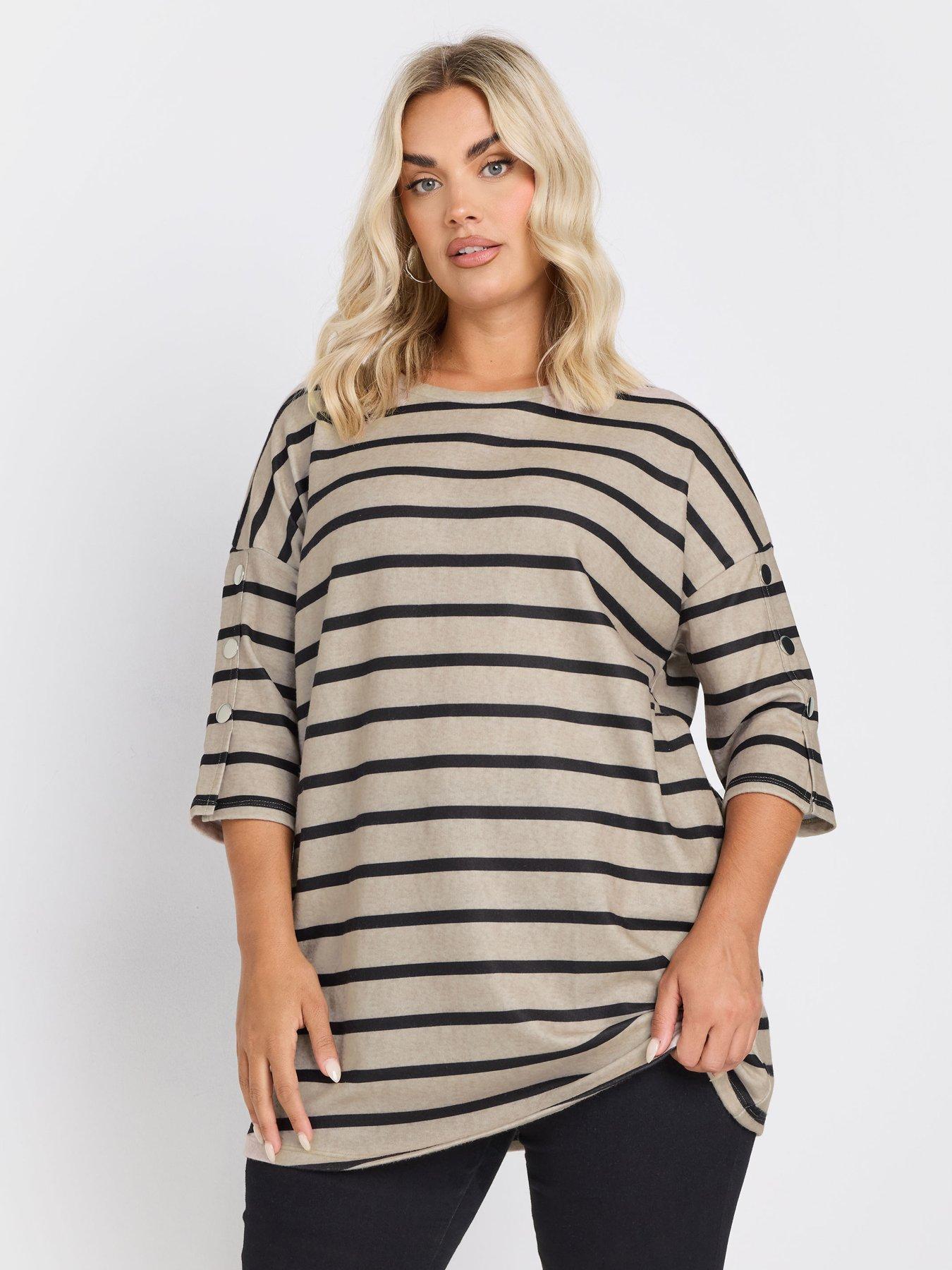 Yours Curve Striped Button Sleeve Top - Ivory