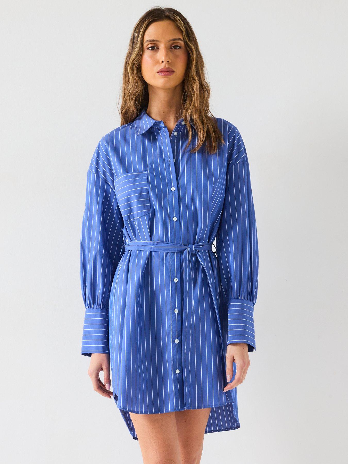 undefined Woven Long Sleeve Shirt Dress - Blue