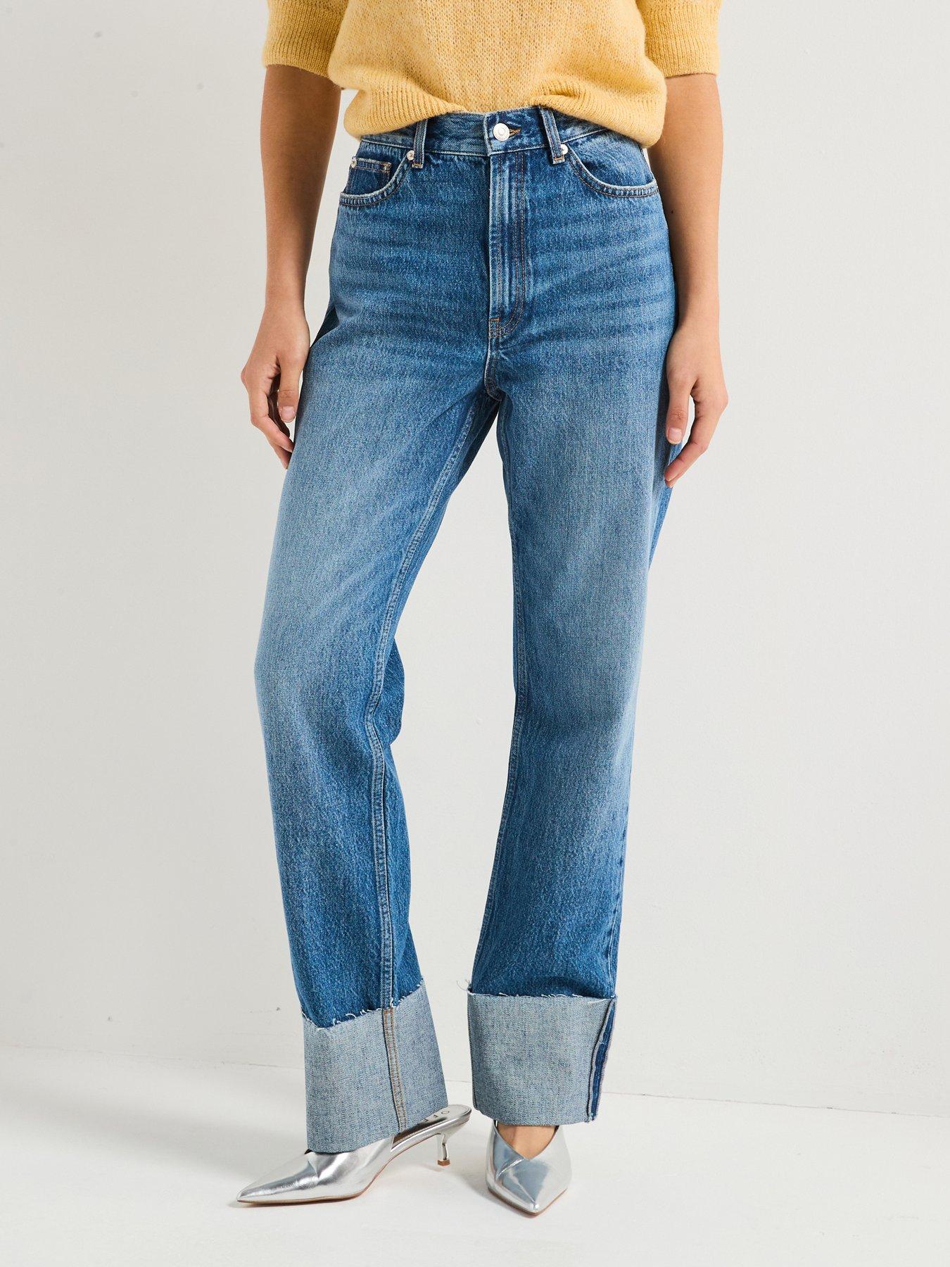 undefined Riley High Waist Straight Leg Turn Up Denim Jeans - Blue