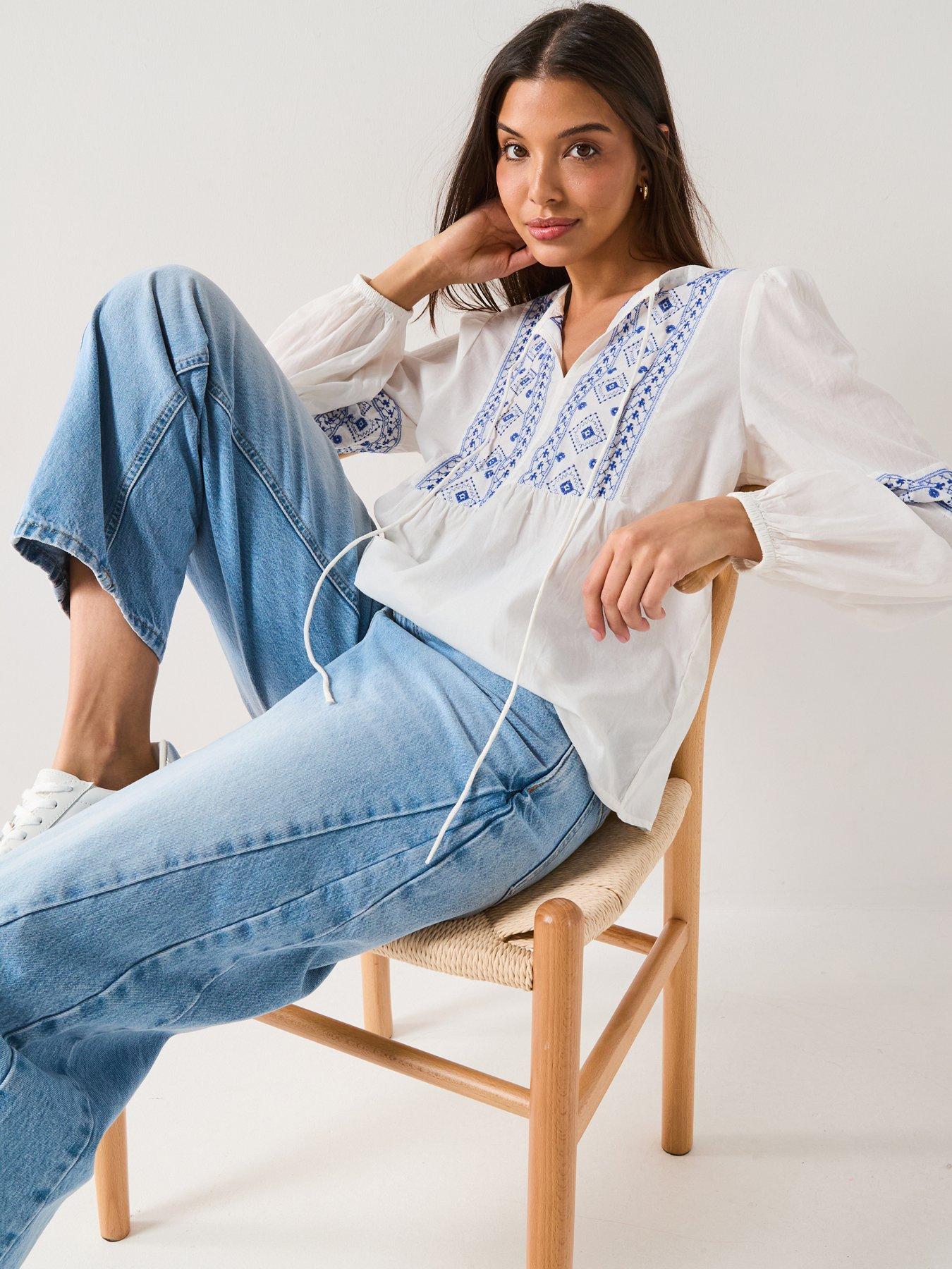 JDY Tie Detail Embroidered Blouse - Blue/White | Very