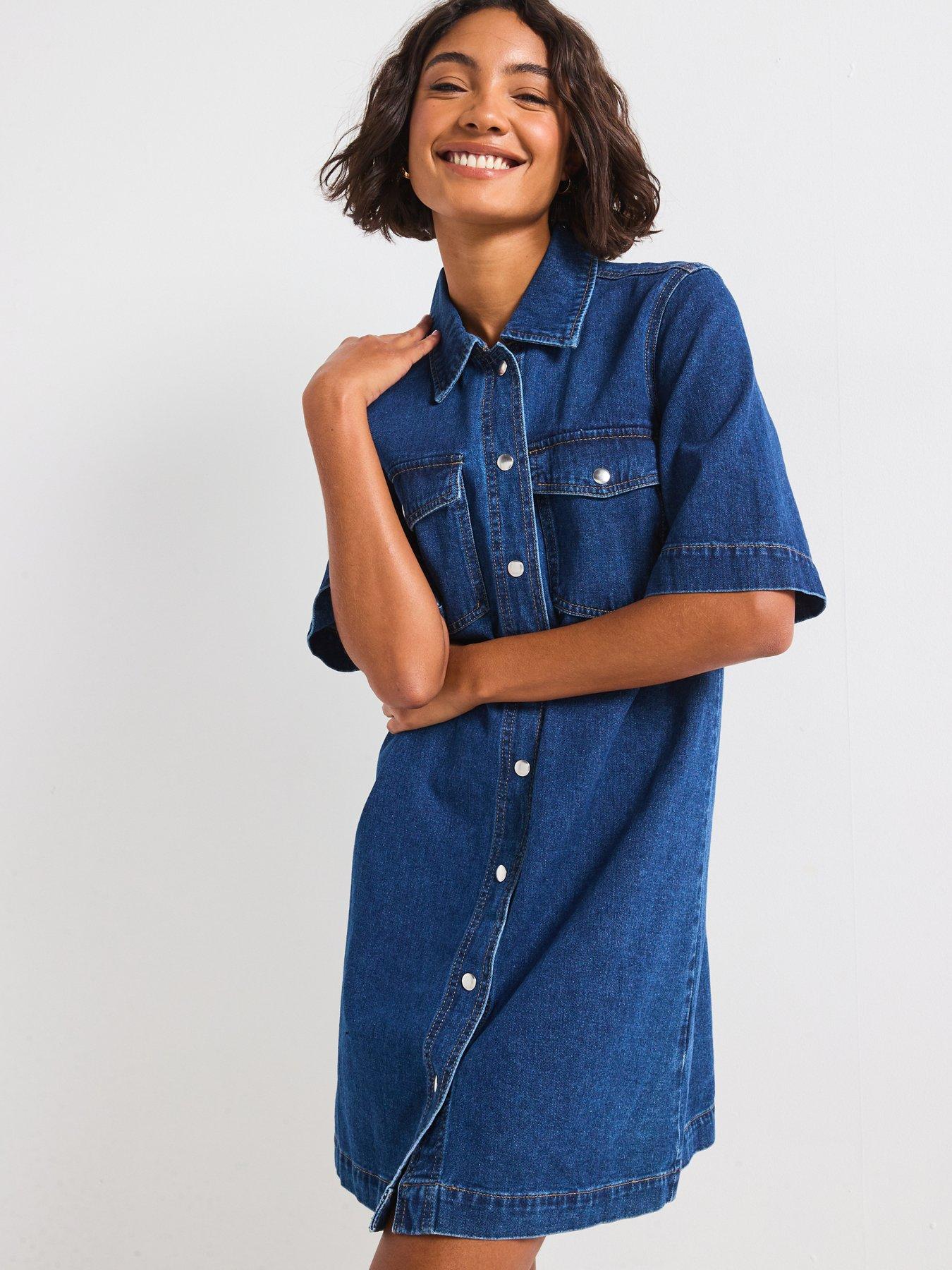 undefined Belle Short Sleeve Button Denim Dress - Dark Blue