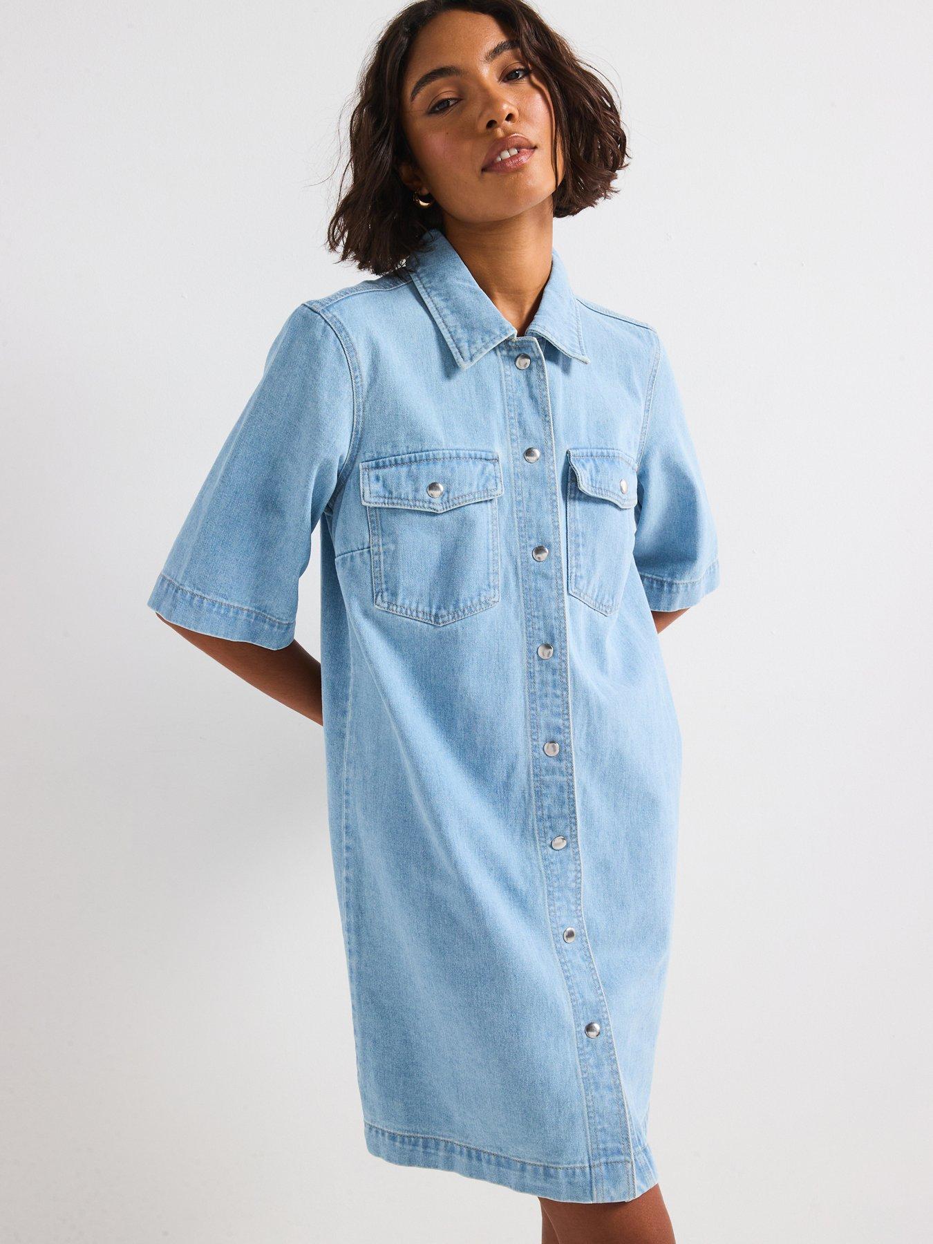 undefined Belle Short Sleeve Button Denim Dress - Light Blue
