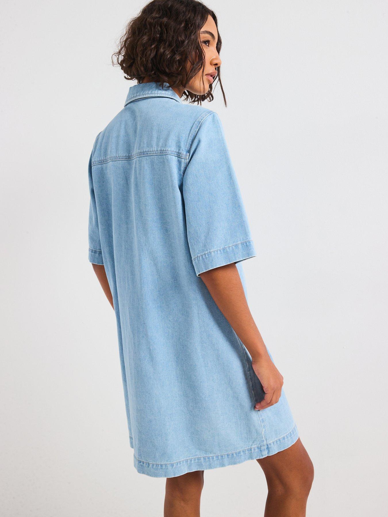 Image 2 of 6 of Only Belle Short Sleeve Button Denim Dress - Light Blue