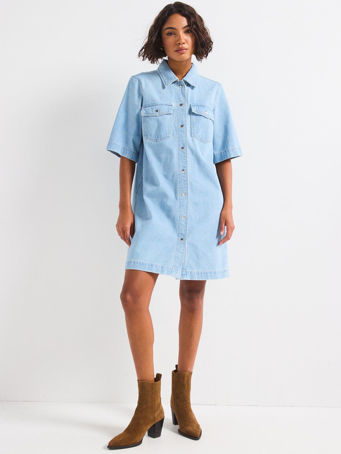 Image 3 of 6 of Only Belle Short Sleeve Button Denim Dress - Light Blue