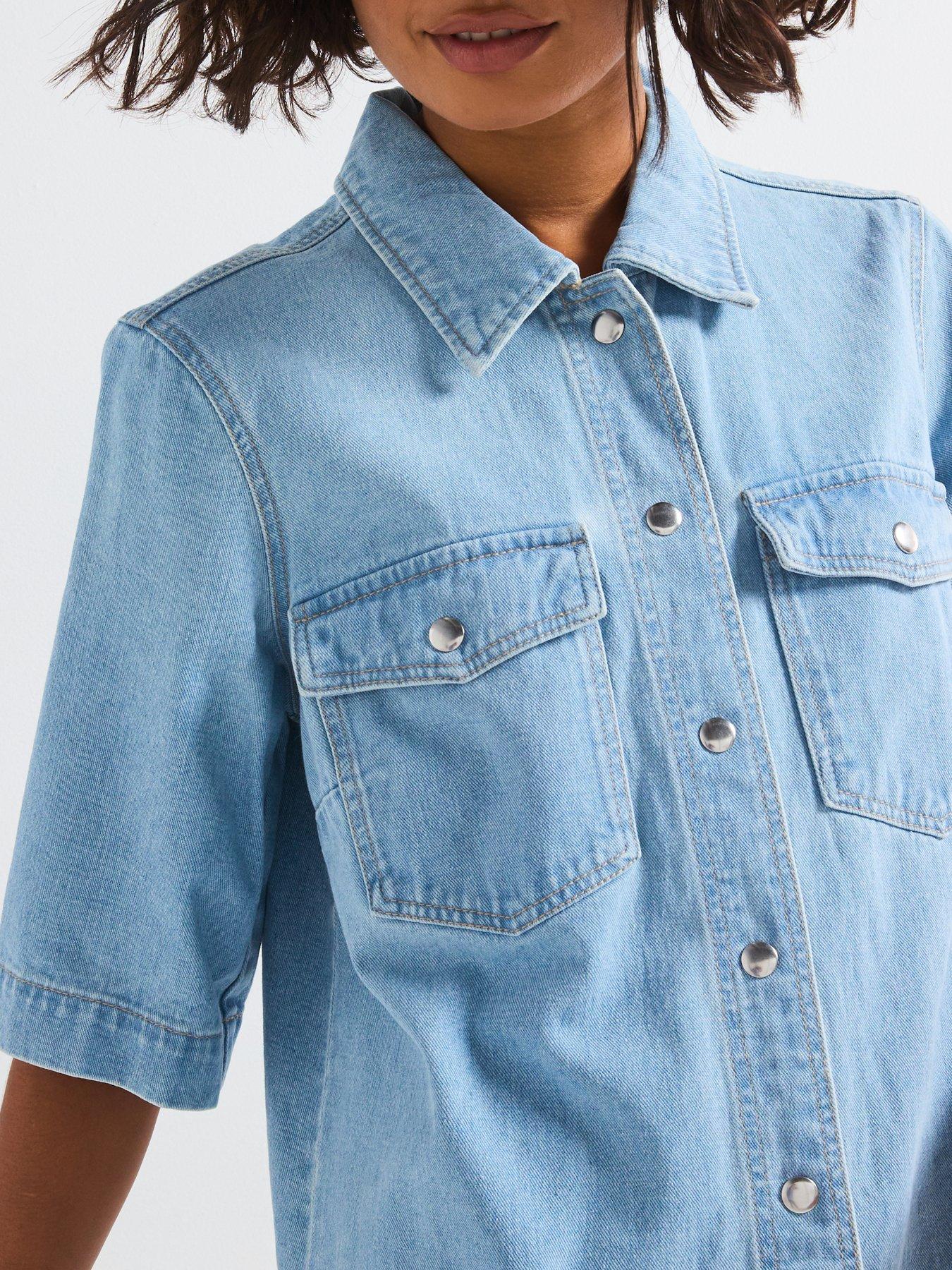 Image 4 of 6 of Only Belle Short Sleeve Button Denim Dress - Light Blue