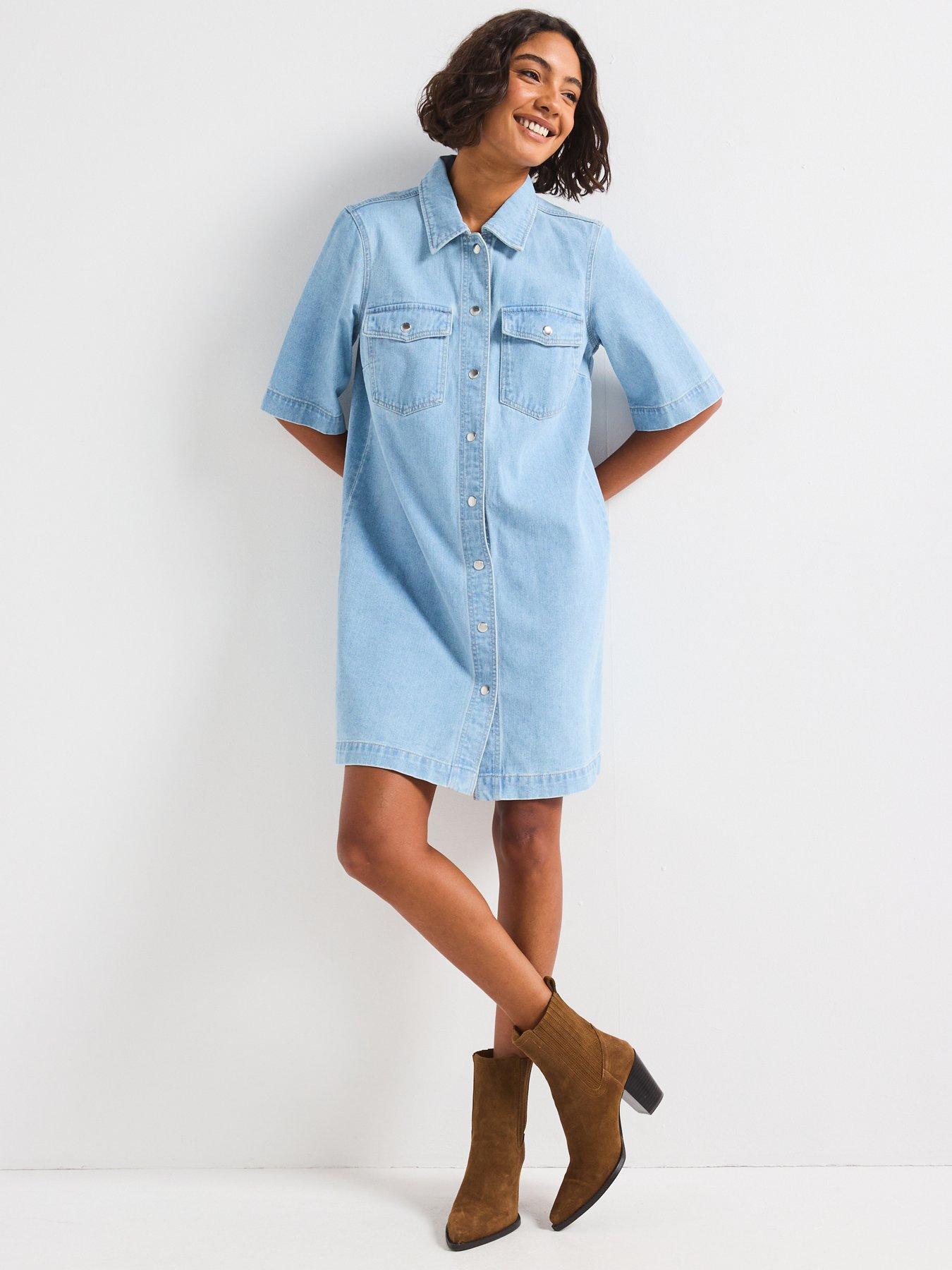 Image 5 of 6 of Only Belle Short Sleeve Button Denim Dress - Light Blue