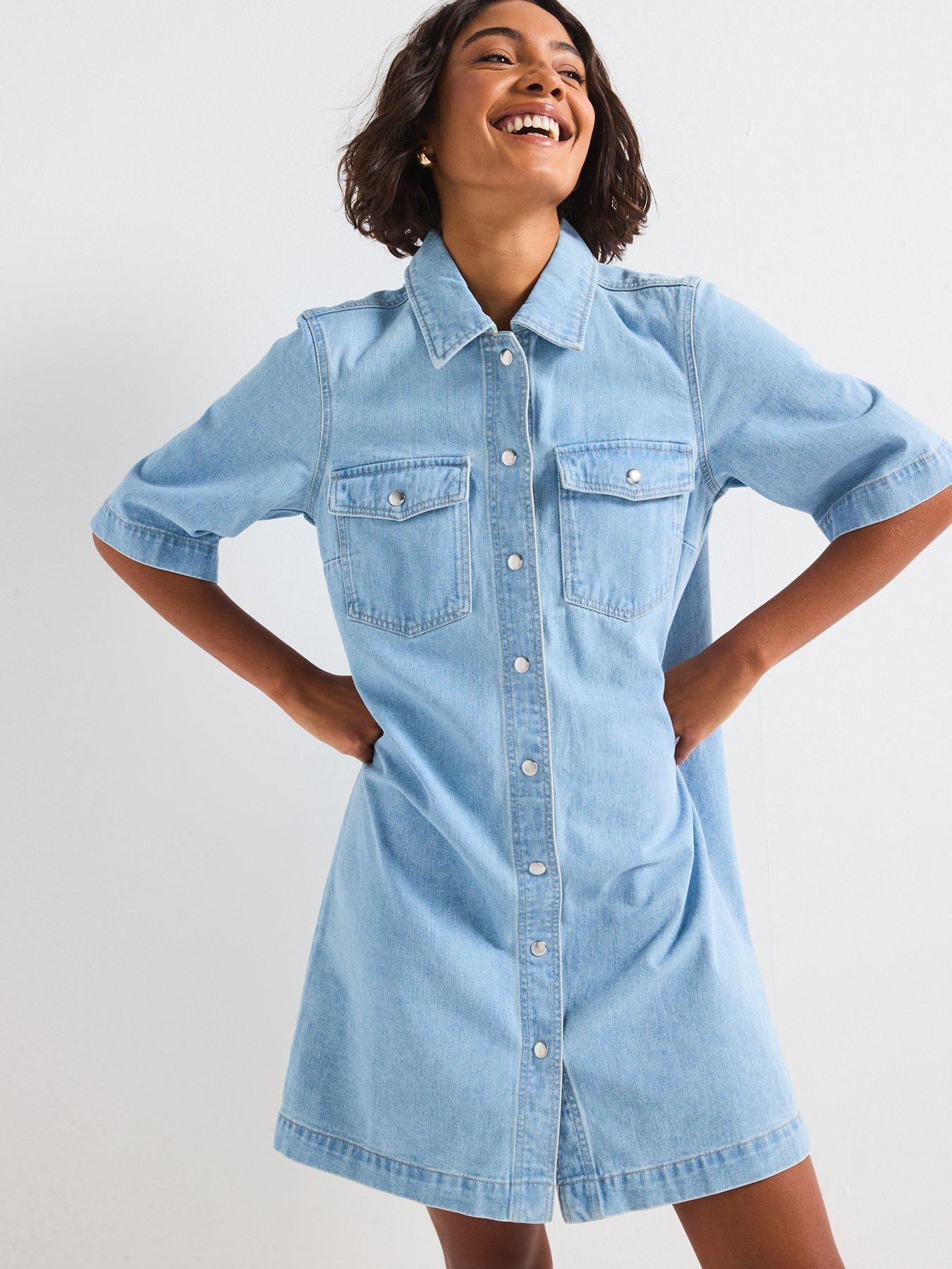 Image 6 of 6 of Only Belle Short Sleeve Button Denim Dress - Light Blue