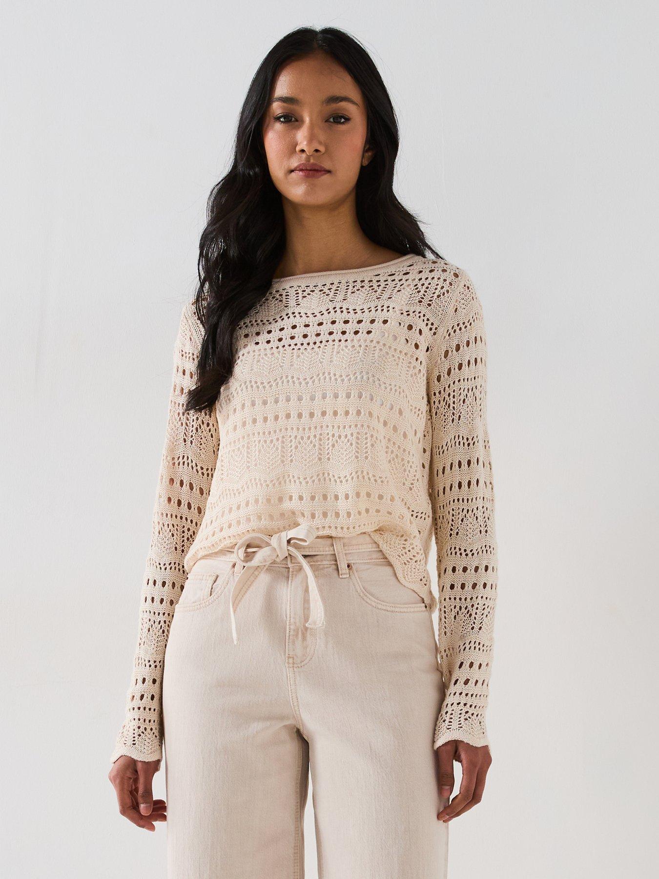 undefined Long Sleeve Boatneck Knitted Pullover - Beige