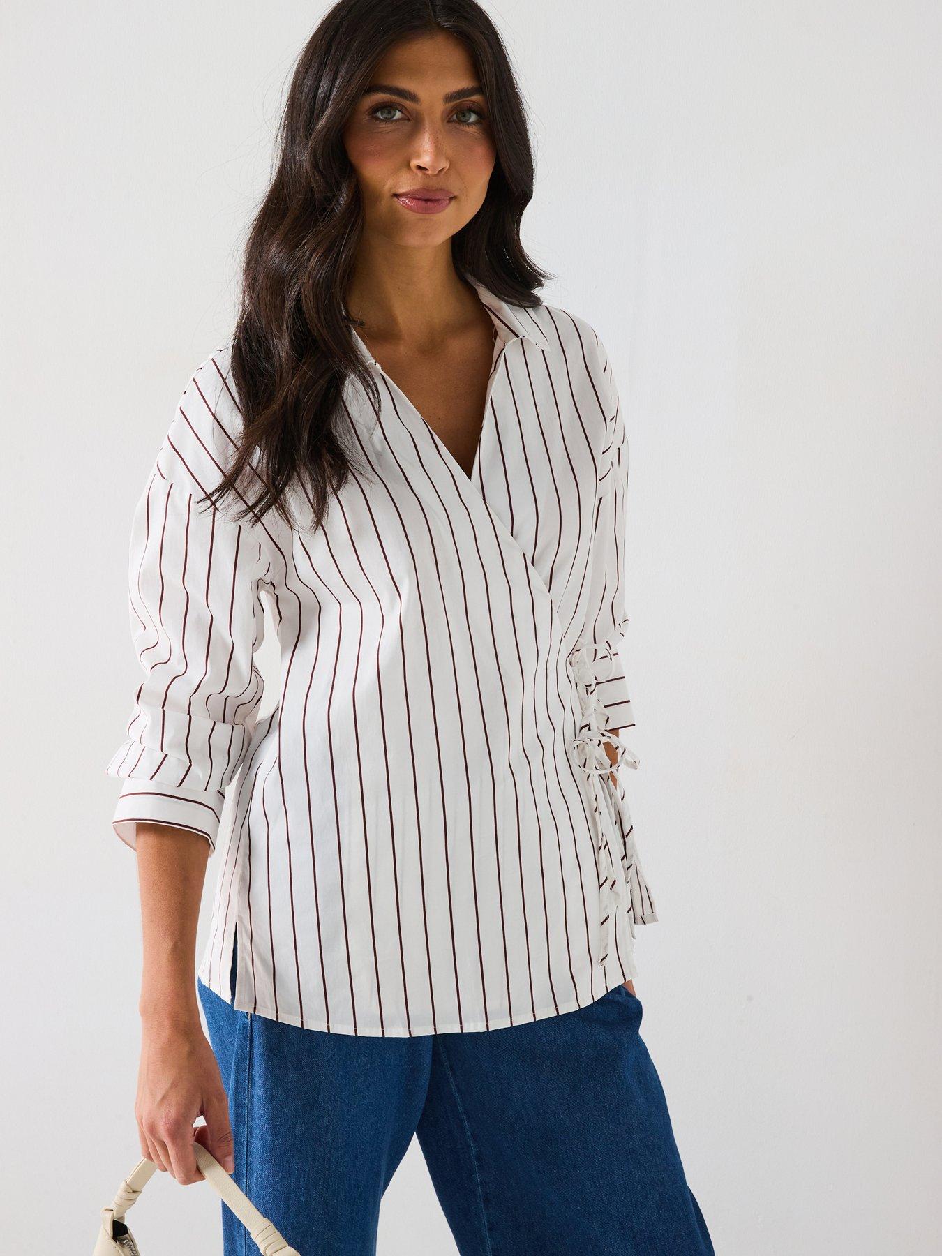 Image 1 of 6 of Only Tie Detail Stripe Cross Over Shirt - White/beige
