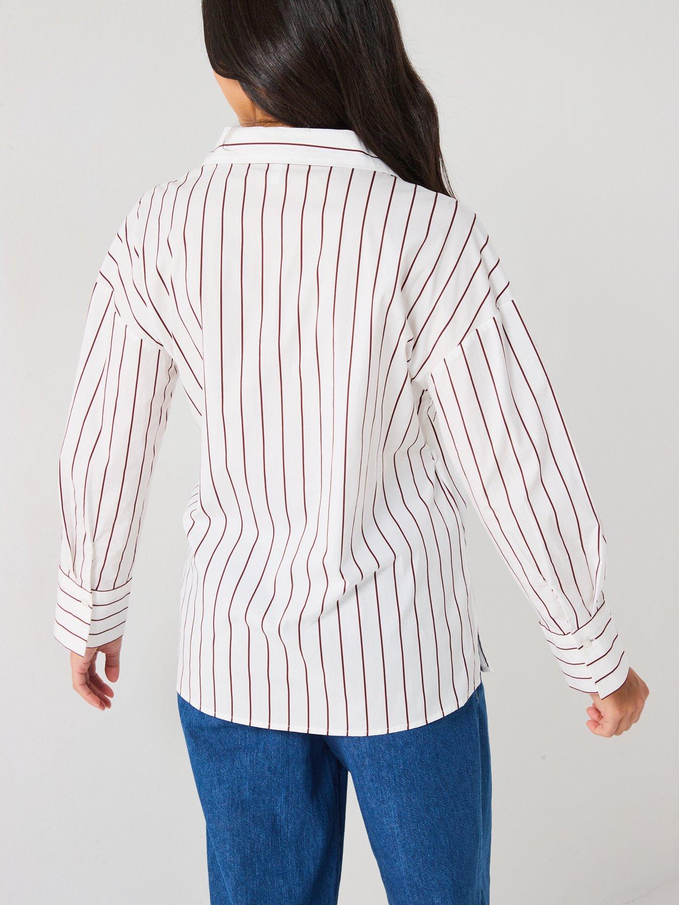 Image 2 of 6 of Only Tie Detail Stripe Cross Over Shirt - White/beige