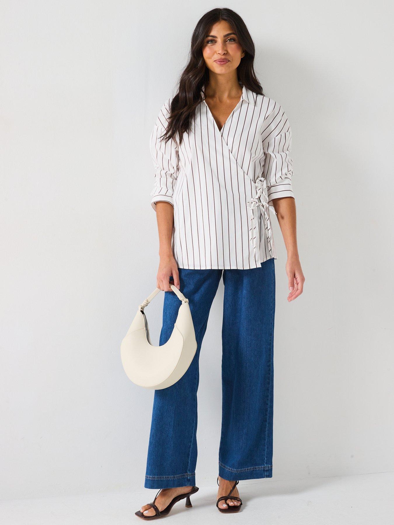 Image 3 of 6 of Only Tie Detail Stripe Cross Over Shirt - White/beige