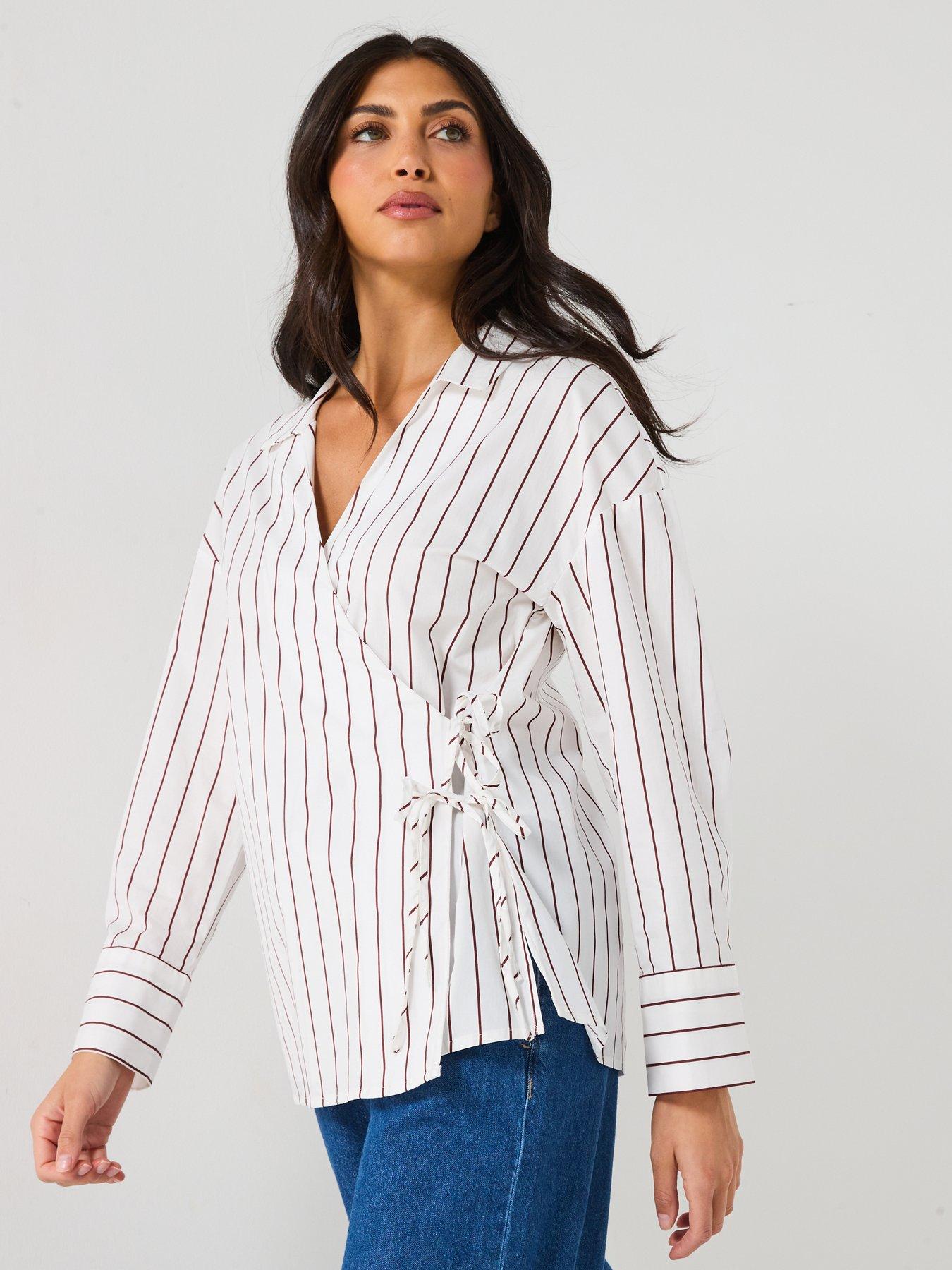 Image 4 of 6 of Only Tie Detail Stripe Cross Over Shirt - White/beige