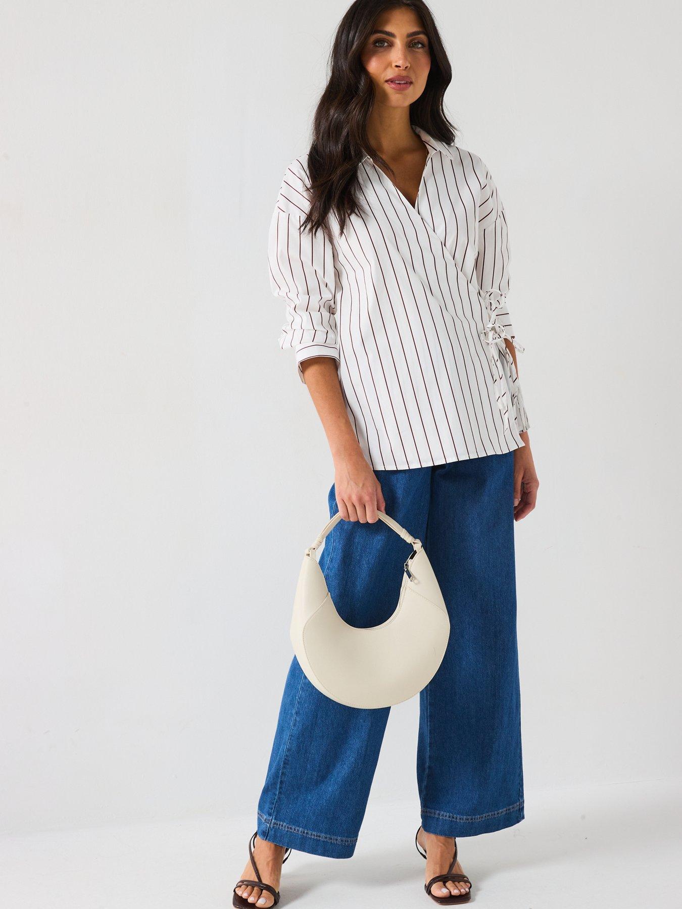 Image 5 of 6 of Only Tie Detail Stripe Cross Over Shirt - White/beige