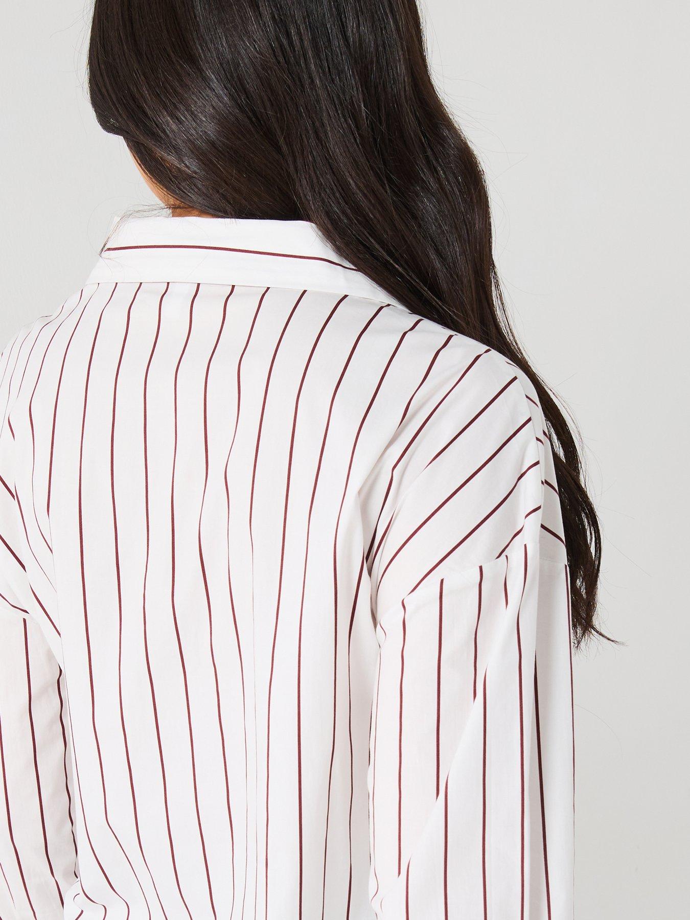 Image 6 of 6 of Only Tie Detail Stripe Cross Over Shirt - White/beige