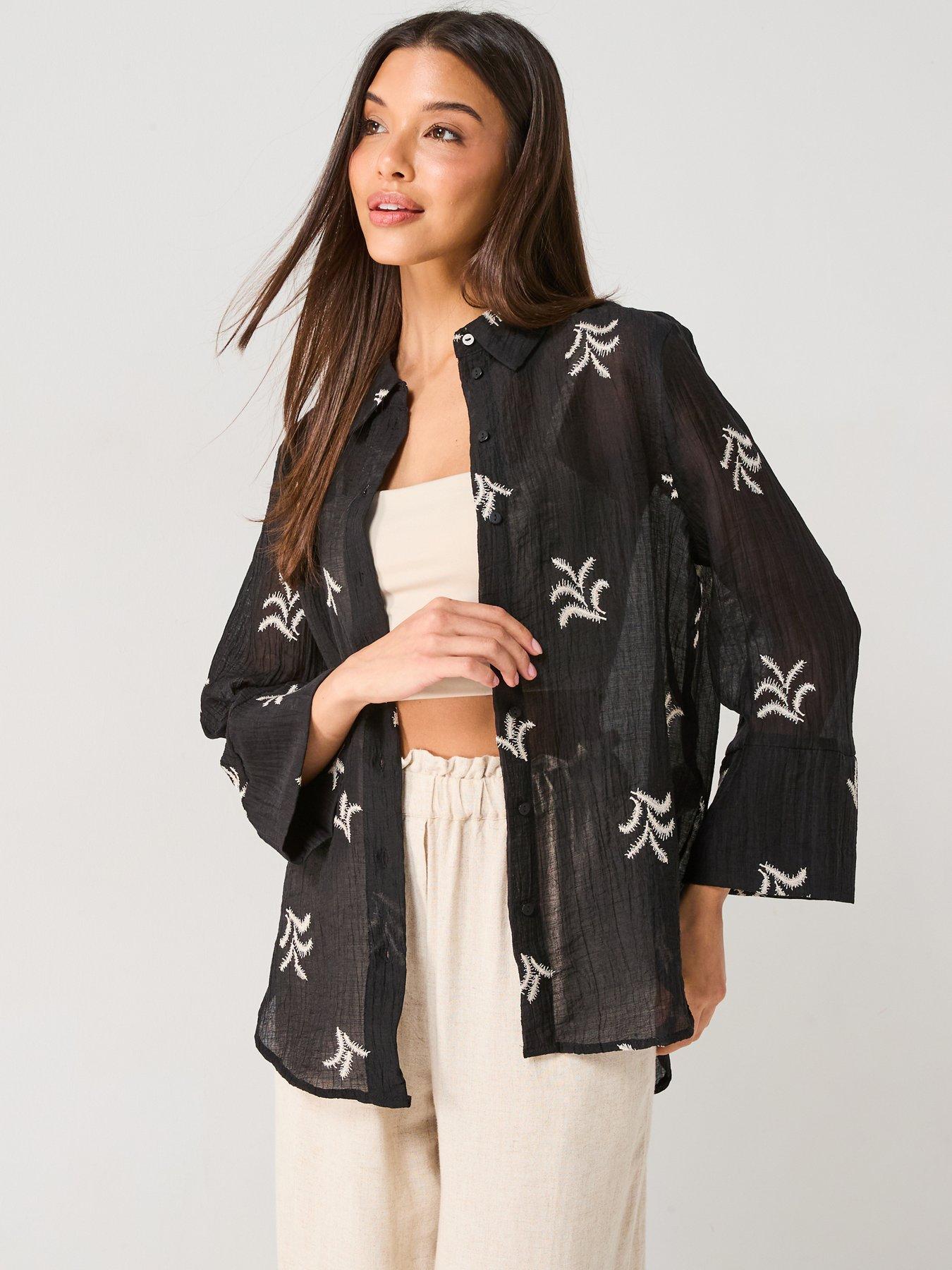 undefined Semi Sheer Embroidered Shirt - Black