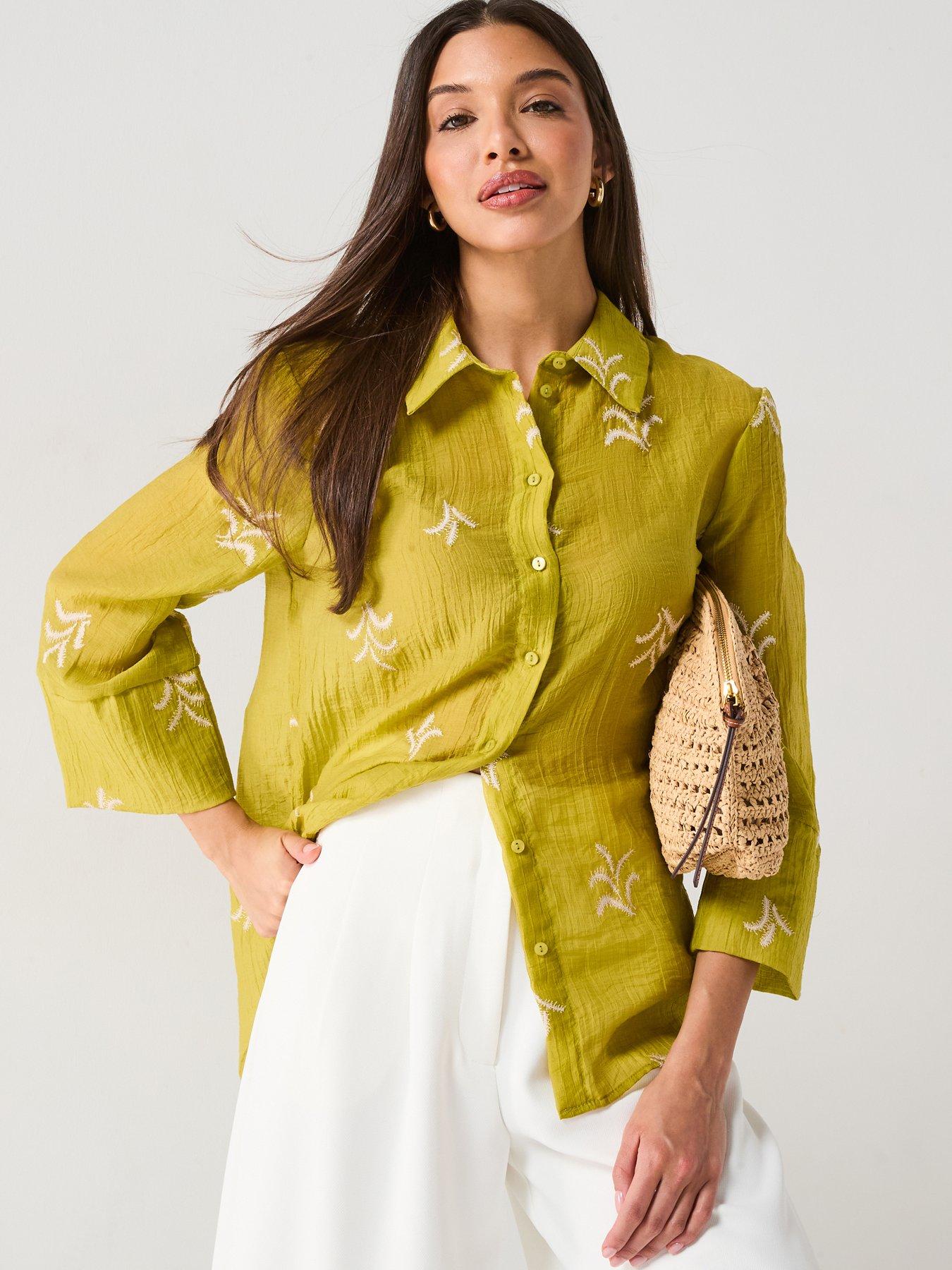 undefined Semi Sheer Embroidered Shirt - Green