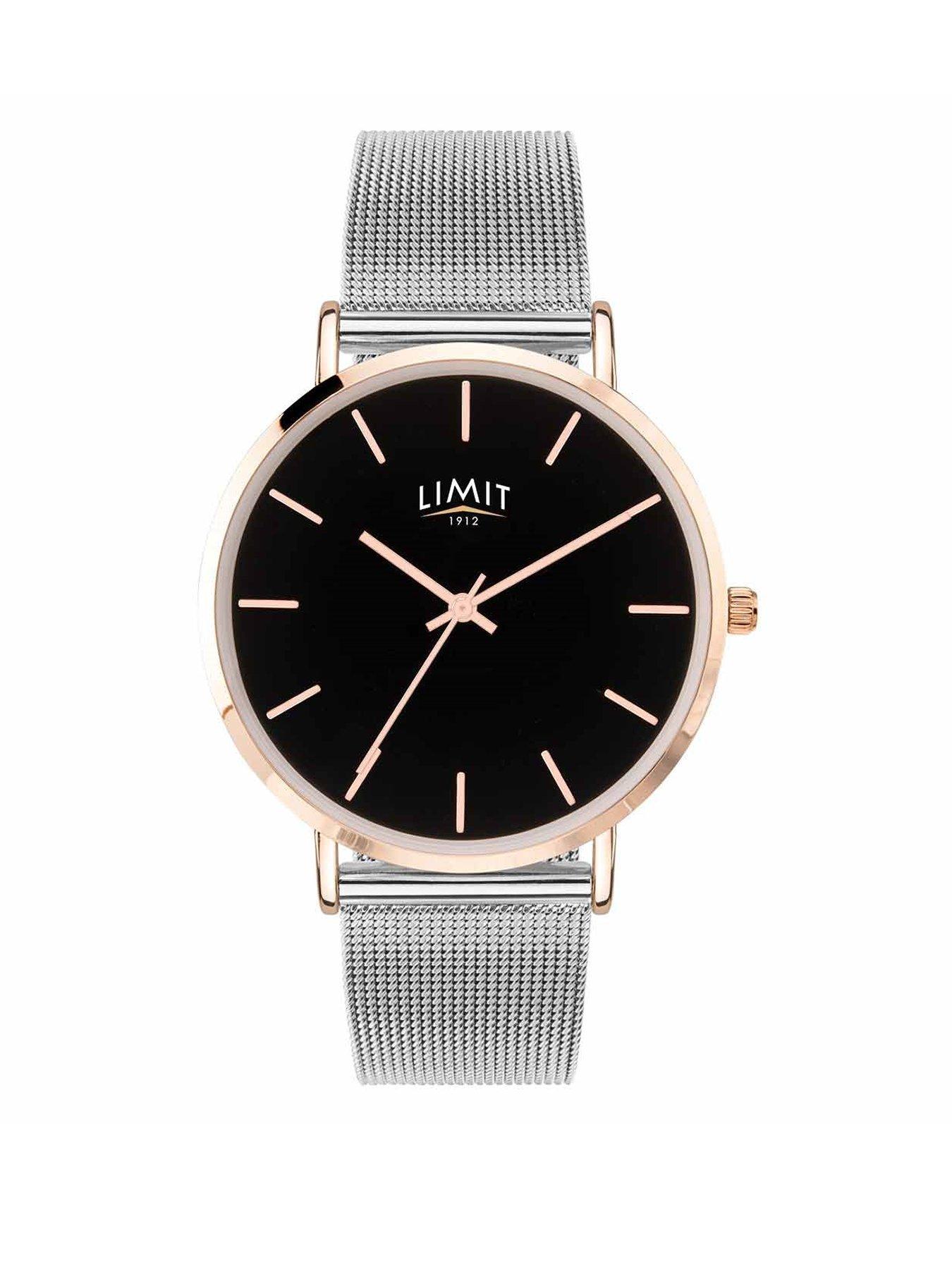Limit Womens Fashion Silver Stainless Steel Mesh Bracelet with Black Dial Analogue Watch