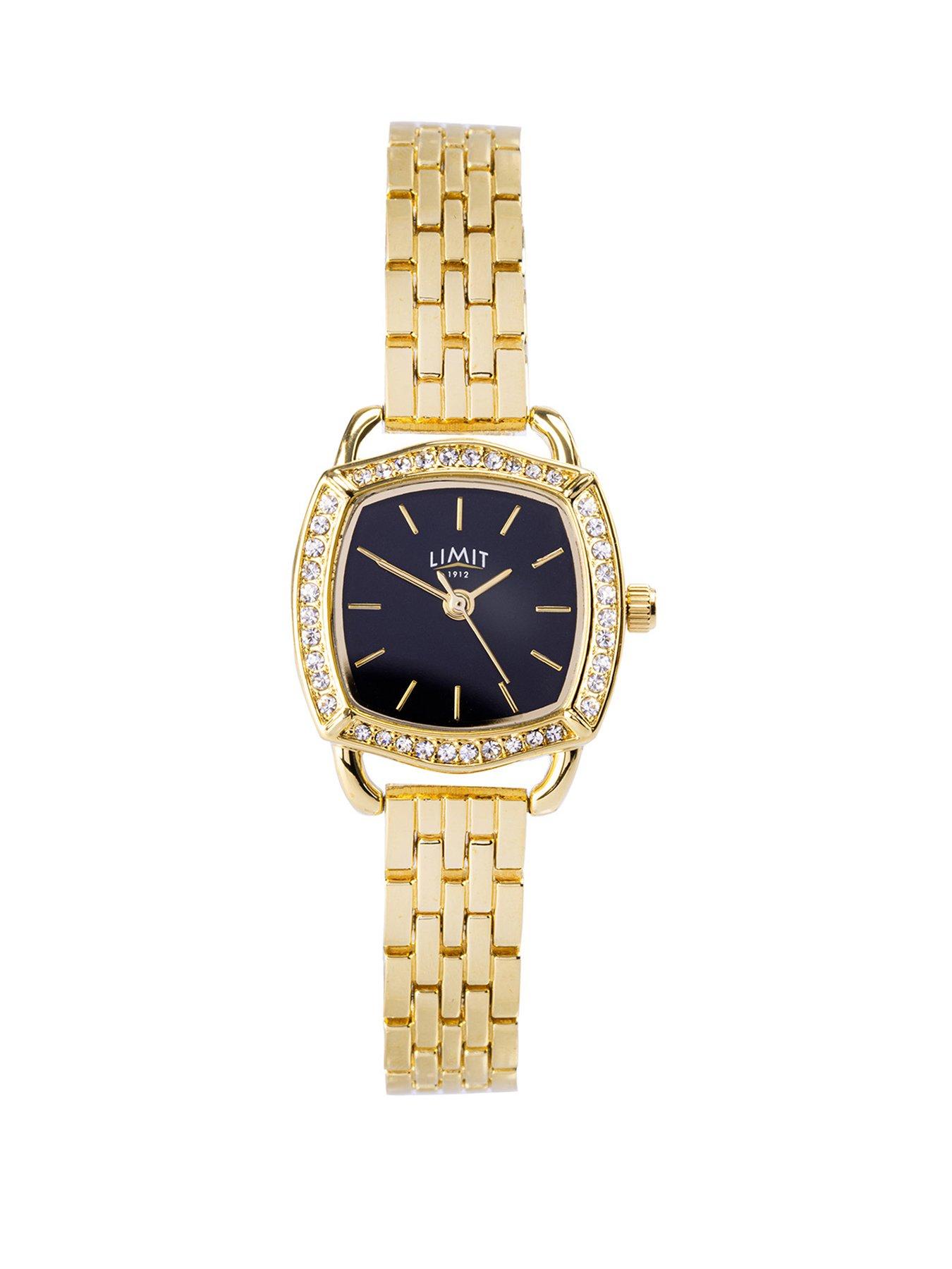 undefined Womens Gold Stainless Steel Bracelet with Black Dial Analogue Watch