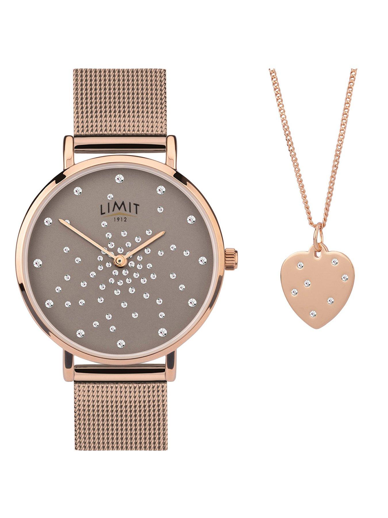 undefined Womens Rose Gold Stainless Steel Mesh Bracelet with Grey Dial Analogue Gift Set