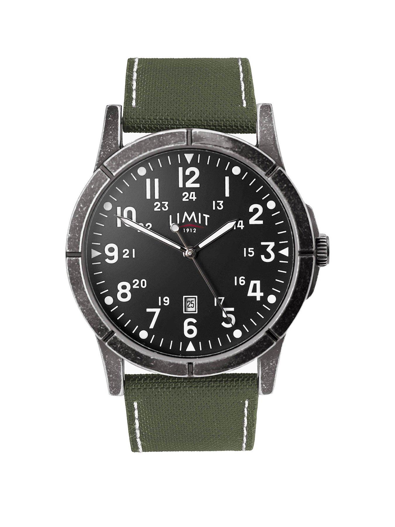 Product photograph of Limit Limit Mens Pilot Khaki Canvas Strap With Black Dial Analogue Watch from very.co.uk