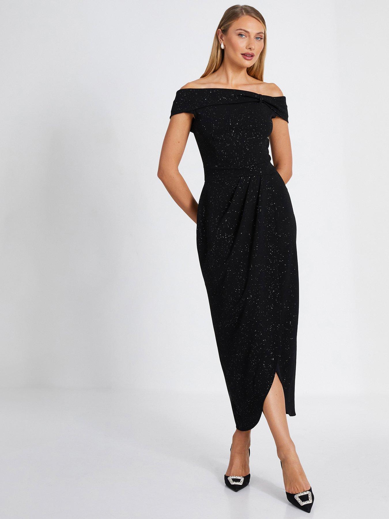 slim fit dress slacks Black Glitter Bardot Midi Dress – Quiz Clothing